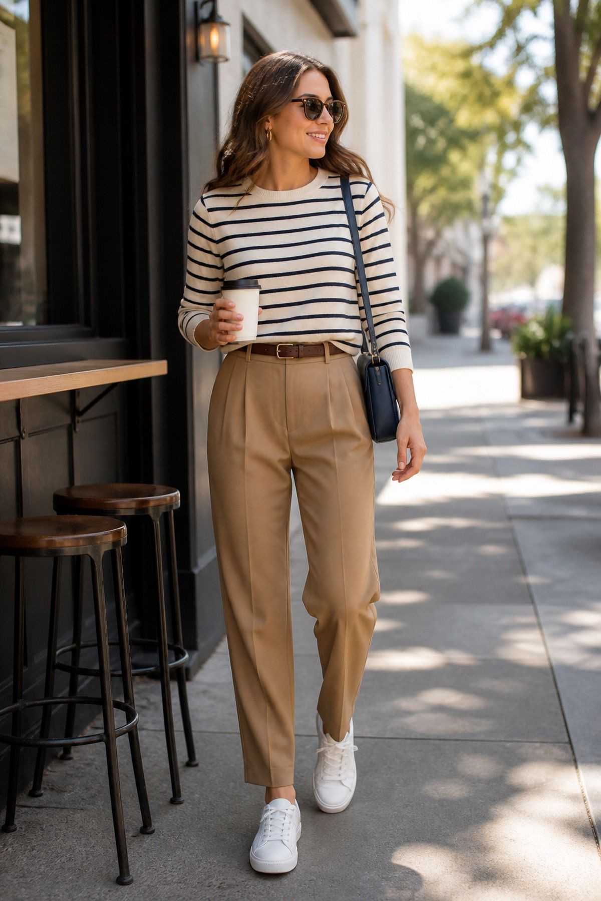 Woman wearing a striped sweater with dark denim casual