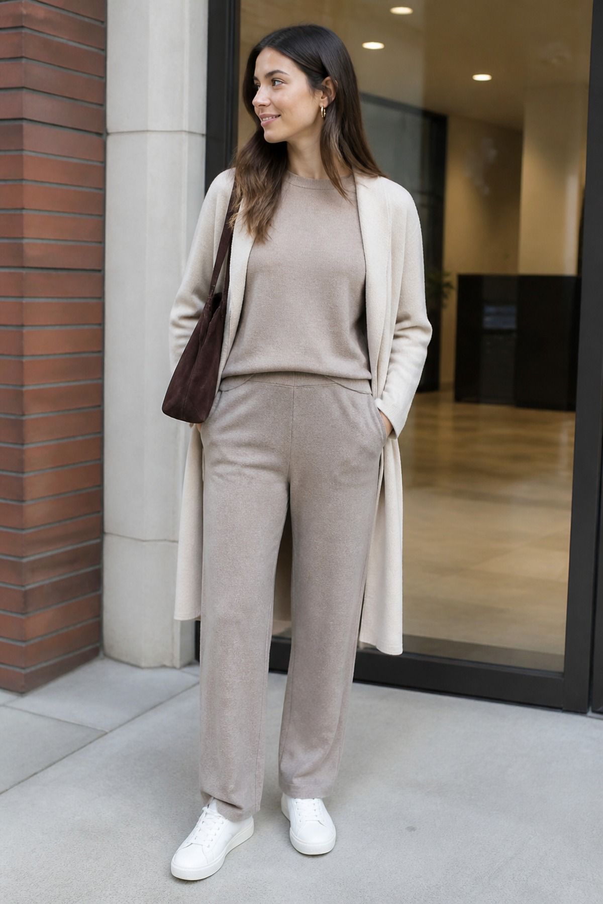 Woman wearing a matching knit set with simple sandals casual