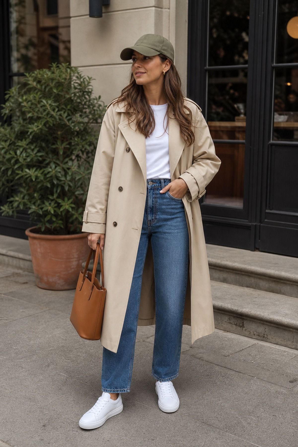 Woman wearing a trench coat with a tee, jeans, and sneakers casual