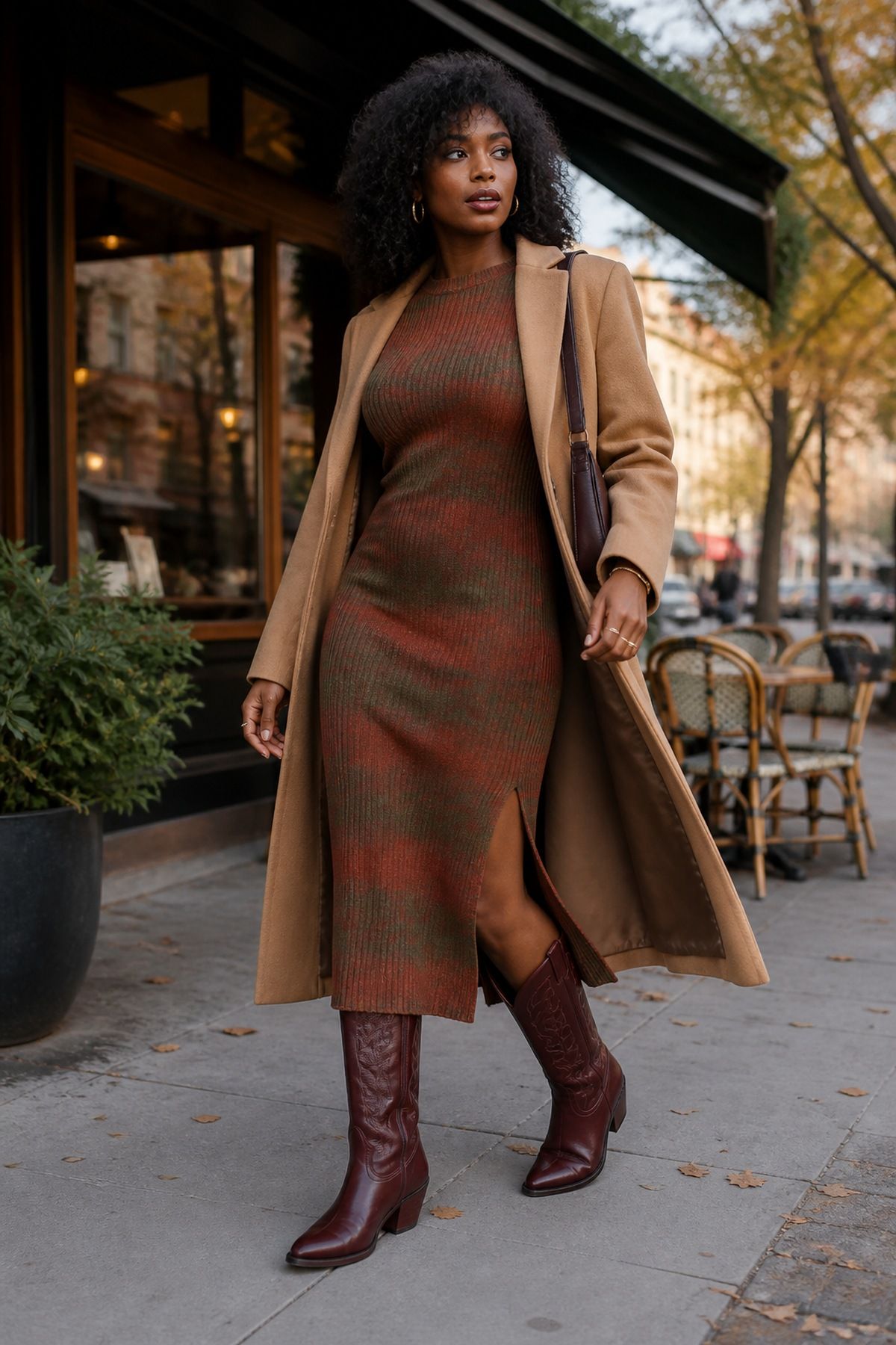 Burgundy Cowboy Boots With a Long-Sleeve Midi Dress for cowboy boots outfits for fall.