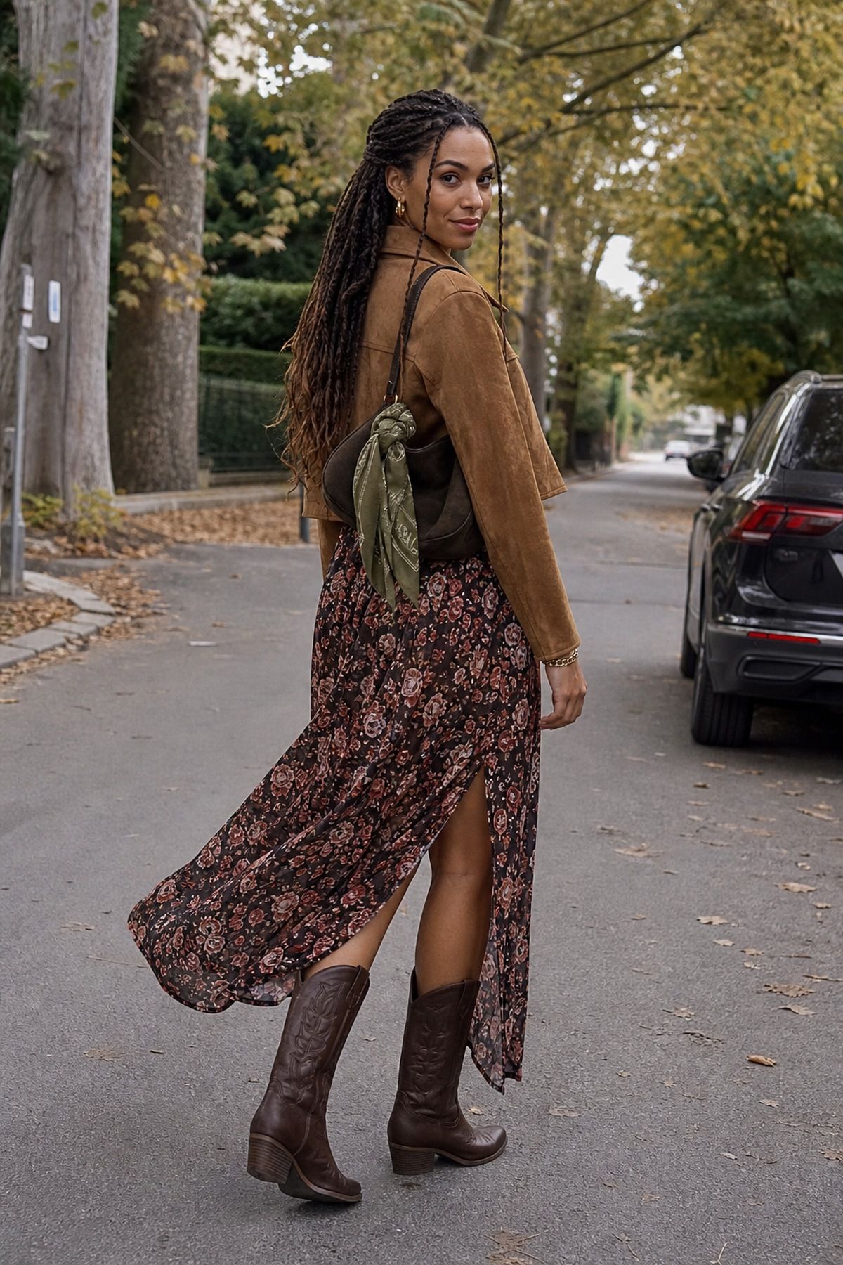 Maxi Dress With a Suede Jacket and Cowboy Boots for cowboy boots outfits for fall.