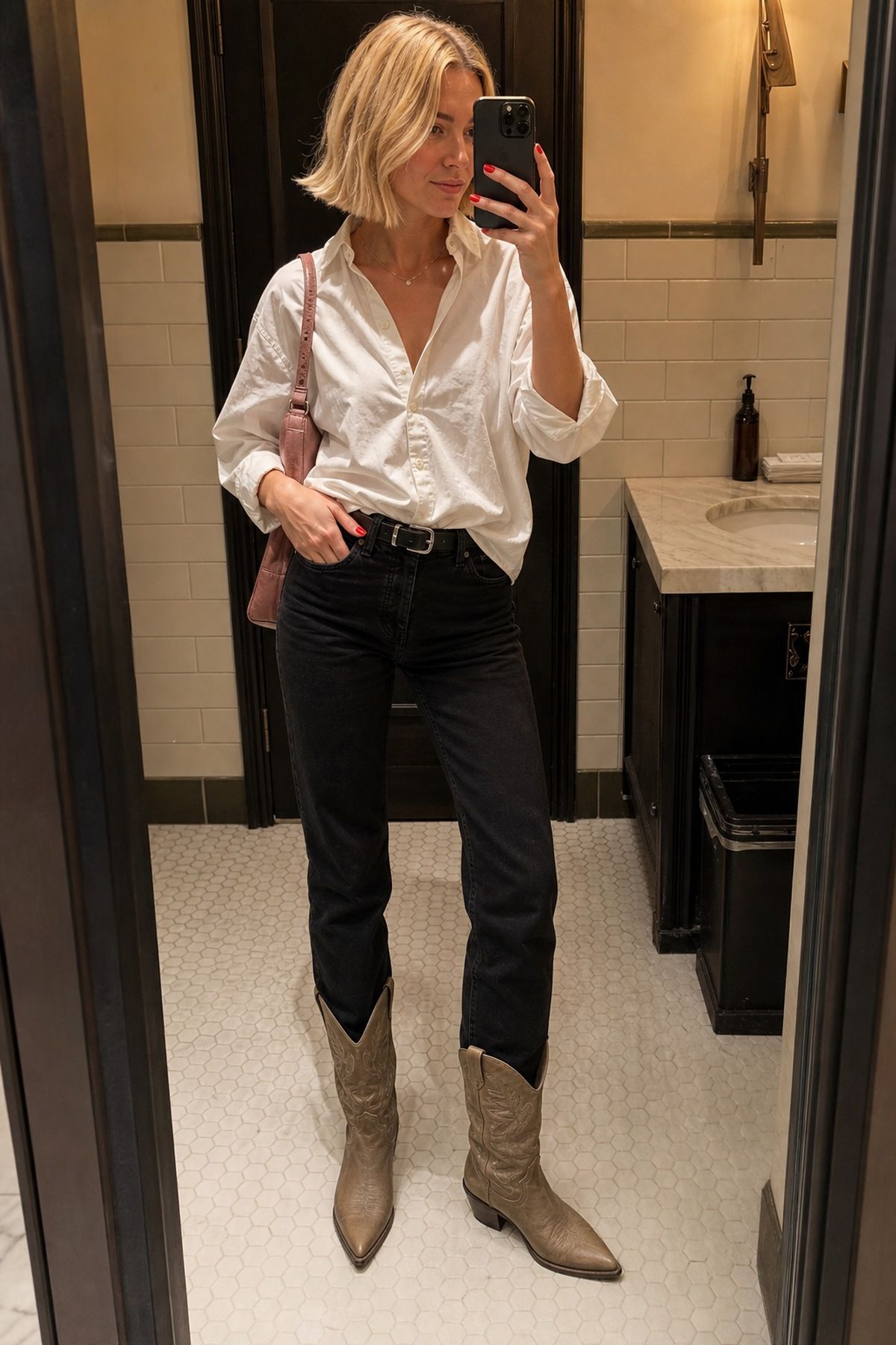 Black Jeans With a White Button-Down and Cowboy Boots for cowboy boots outfits for fall.