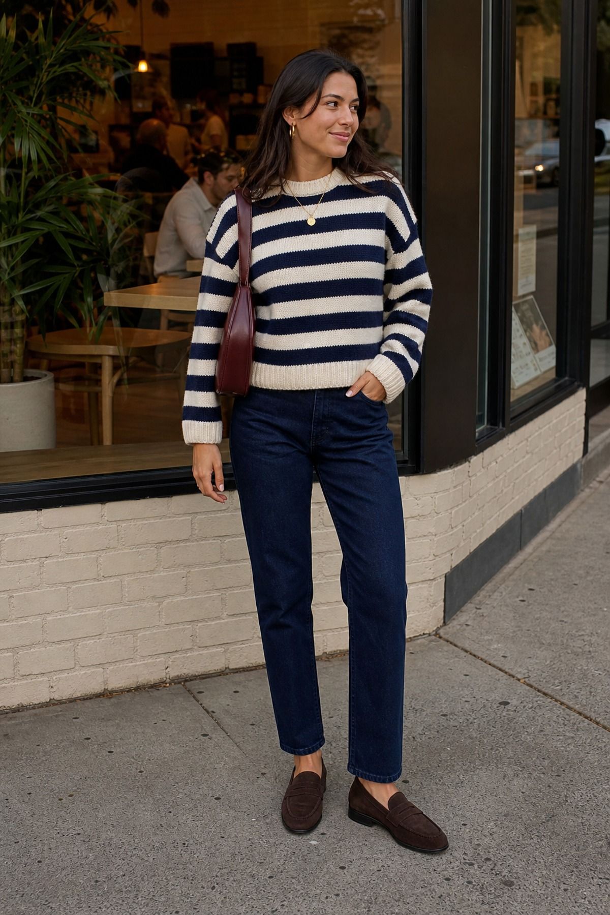 Woman wearing a striped sweater with dark wash jeans, an everyday outfit