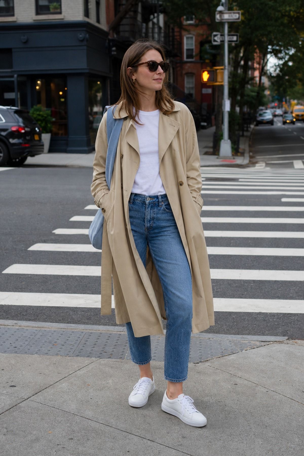 Woman wearing a trench coat with jeans and sneakers, an everyday outfit
