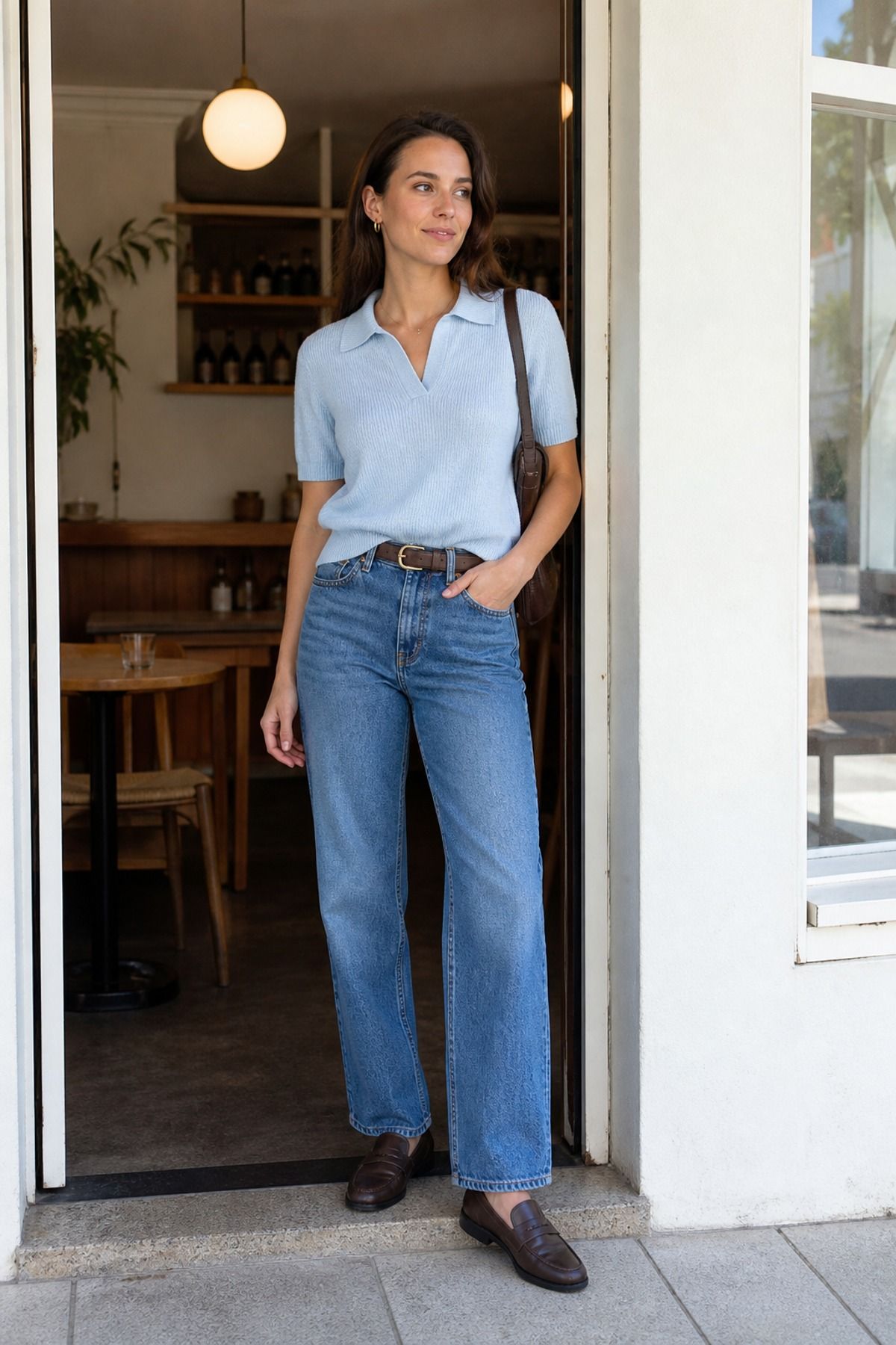 Woman wearing a polo knit with relaxed jeans, an everyday outfit