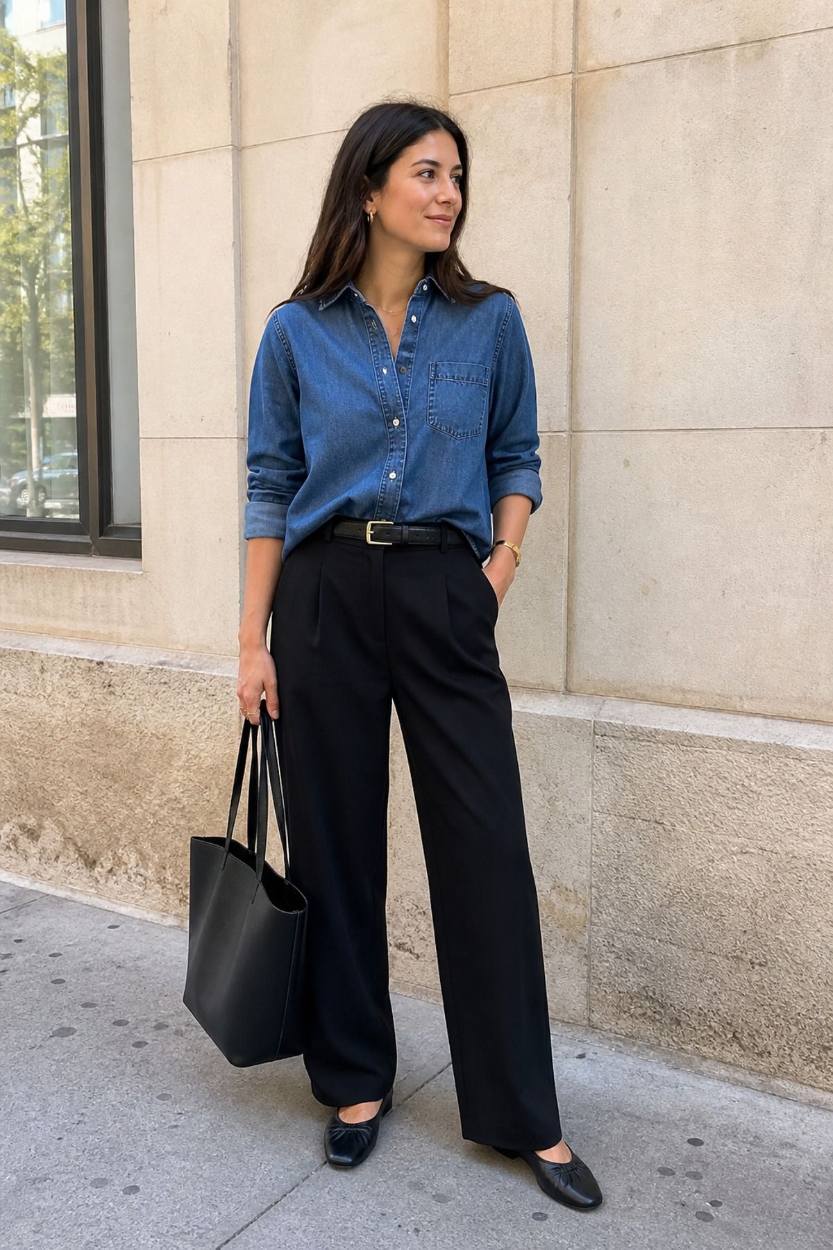 Woman wearing a denim shirt with black trousers, an everyday outfit