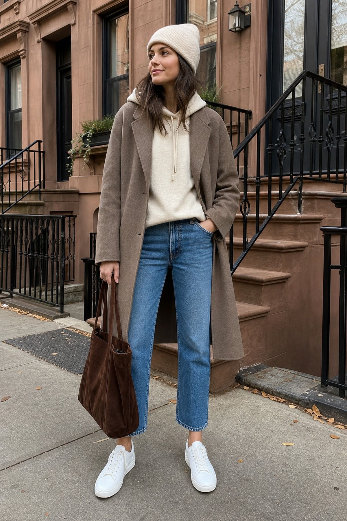 Woman wearing a hoodie with a long coat and straight jeans, an everyday outfit
