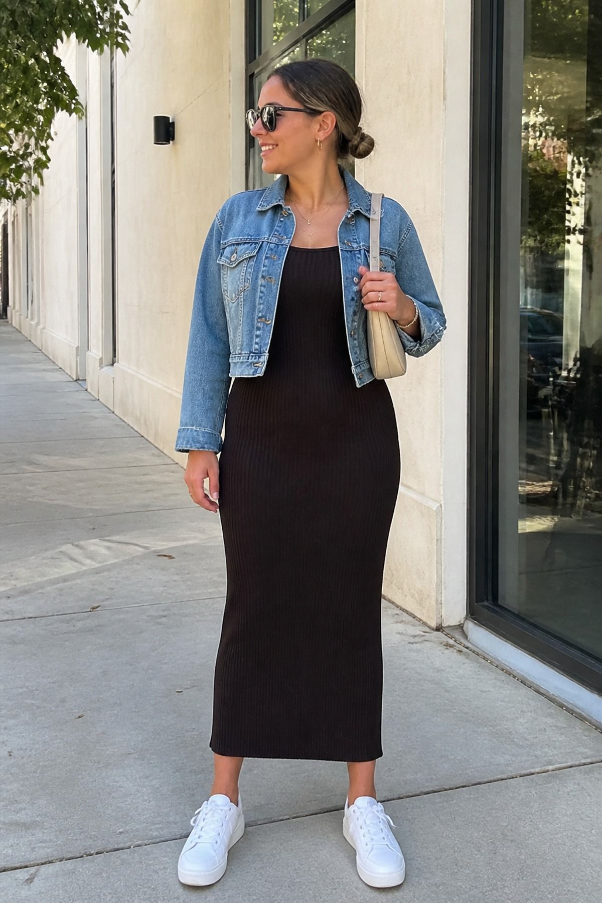 Woman wearing a denim jacket with a ribbed tank dress, an everyday outfit