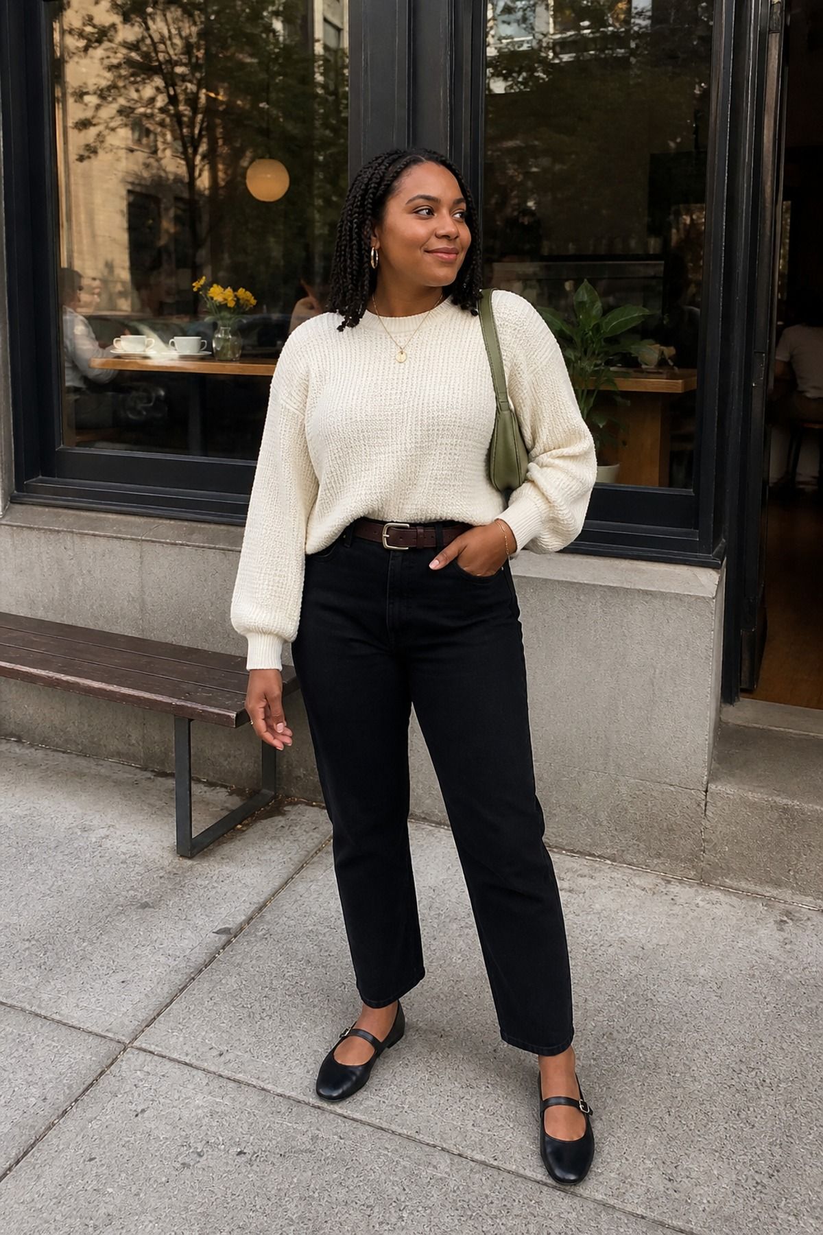 Woman wearing black jeans with a soft cream sweater, an everyday outfit
