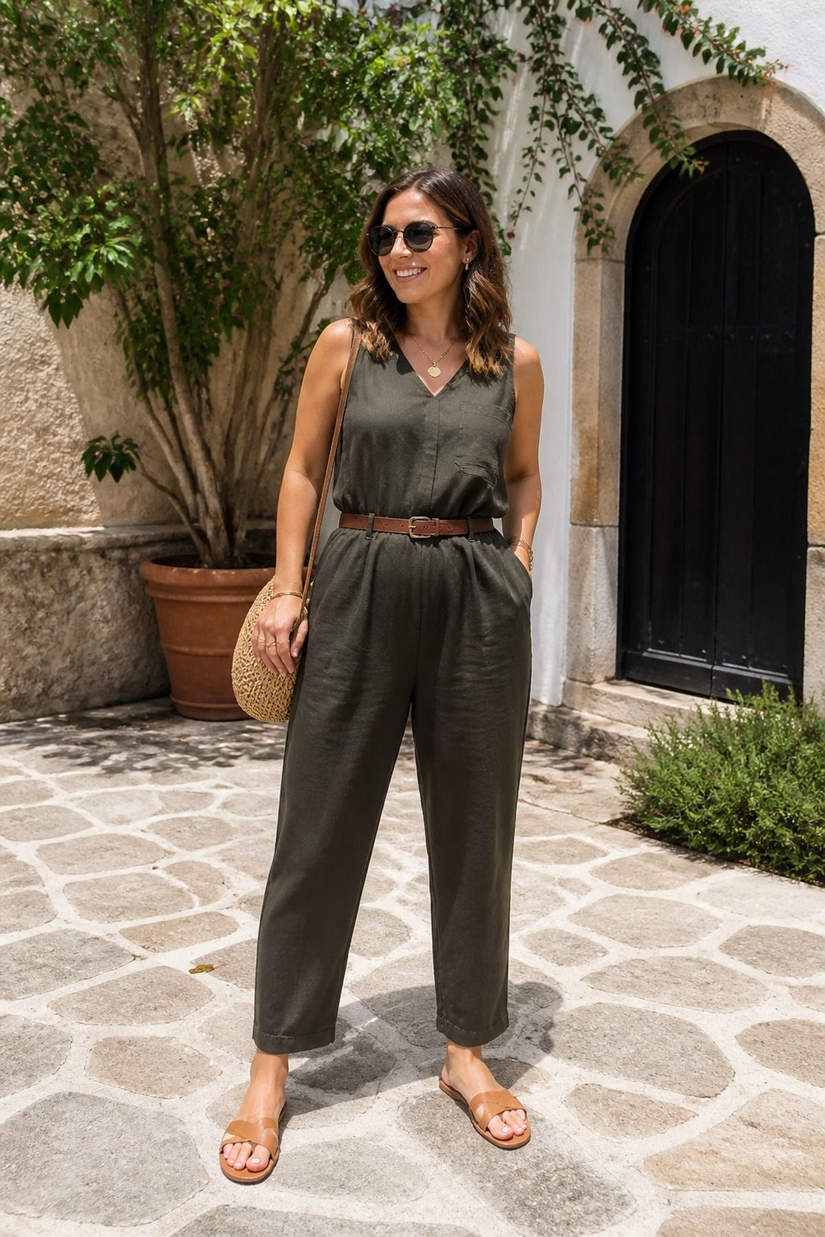 Woman wearing a casual jumpsuit with a belt, an everyday outfit