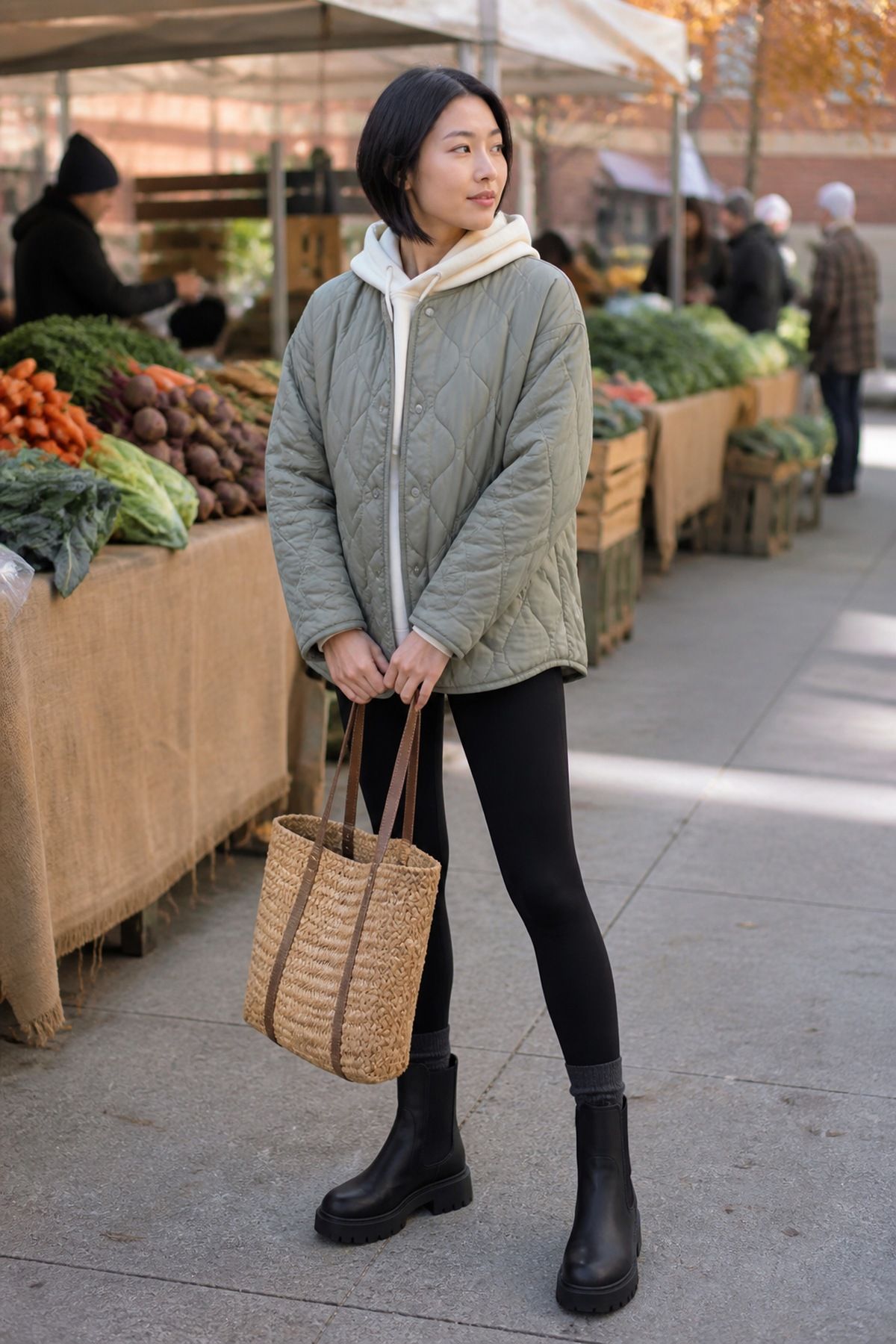 Chelsea Boots With Leggings and a Quilted Jacket fall boots outfit idea.