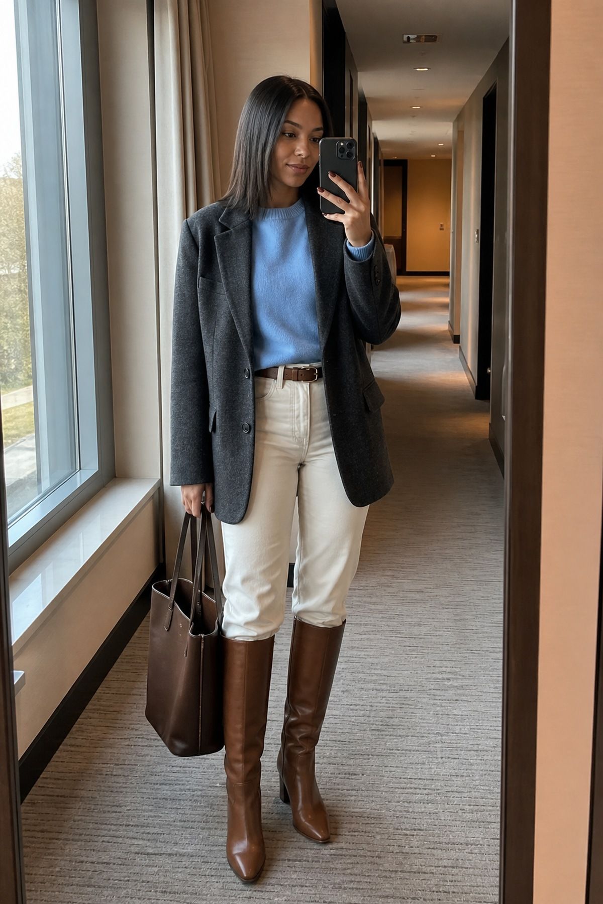 Tall Brown Boots With Cream Denim fall boots outfit idea.