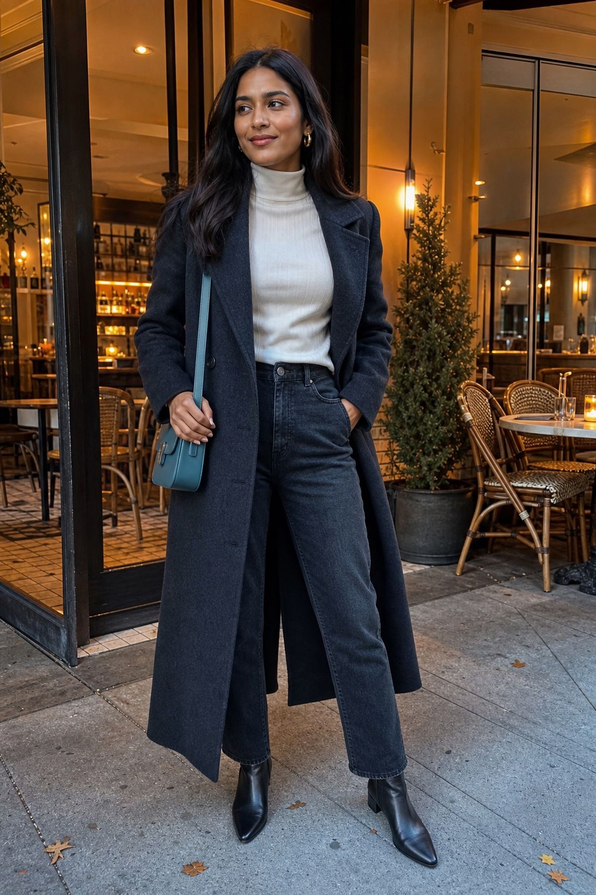 Black Boots With a Long Coat fall boots outfit idea.