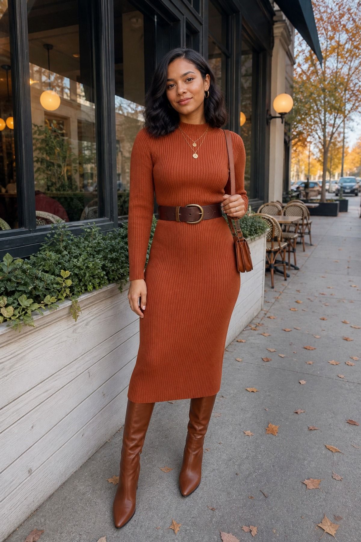 Woman wearing a rust knit dress with a statement belt and cognac boots, a fall brunch outfit