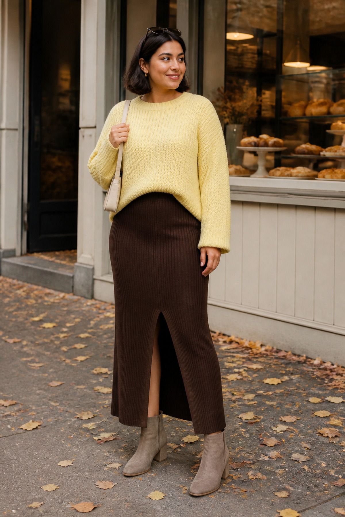 Woman wearing a knit maxi skirt with a chunky sweater and ankle boots, a fall brunch outfit