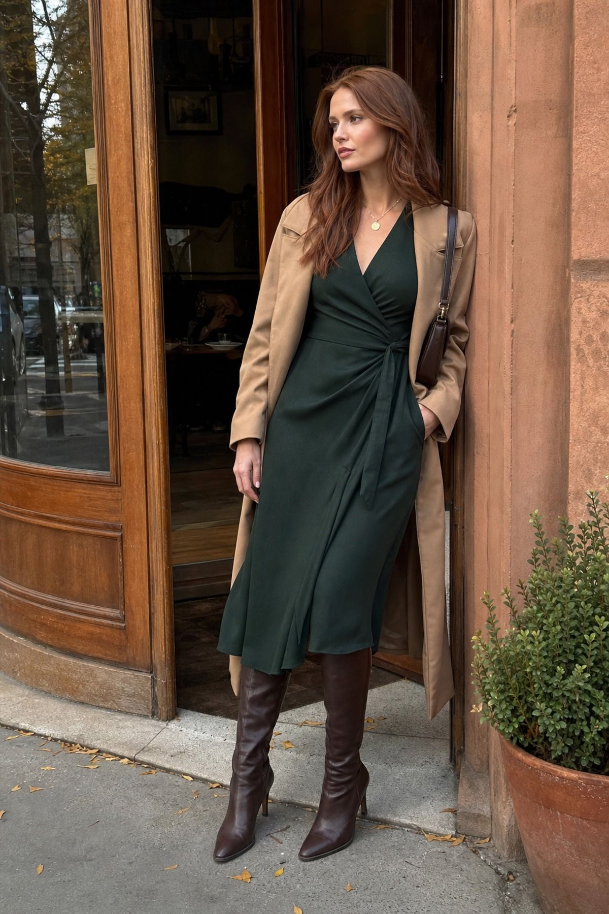 Woman wearing a deep green wrap dress with knee-high boots, a fall brunch outfit