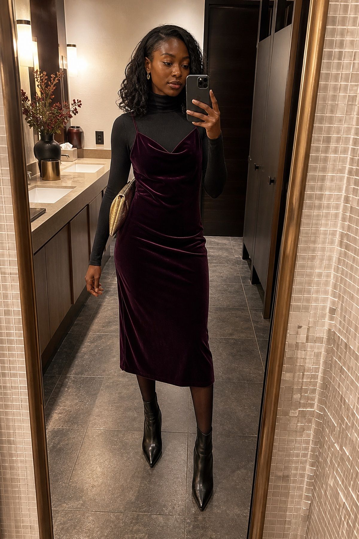 Woman wearing a velvet slip dress over a fitted turtleneck, a fall date night outfit