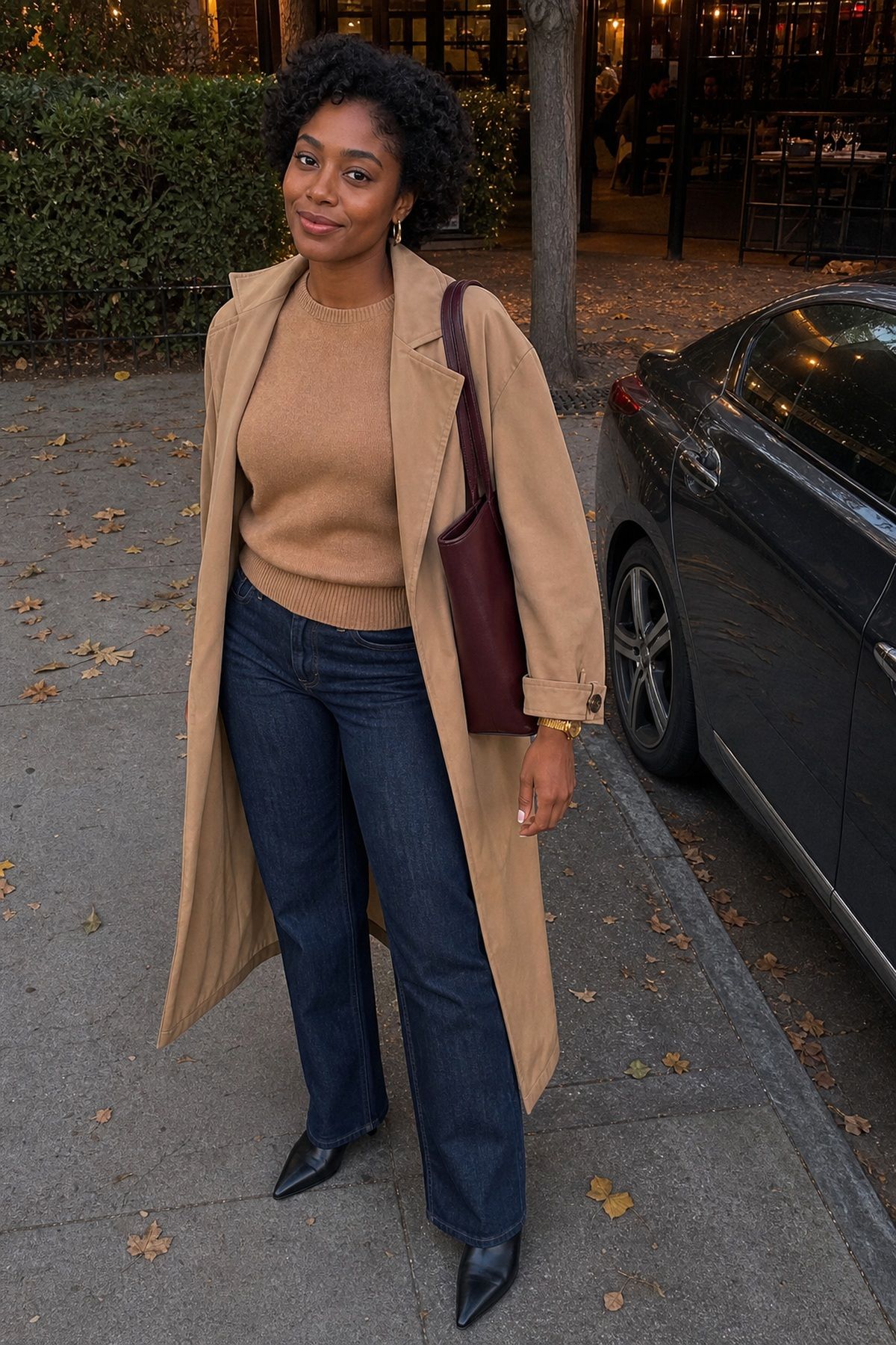 Woman wearing a dark denim with a cashmere crewneck and trench, a fall date night outfit