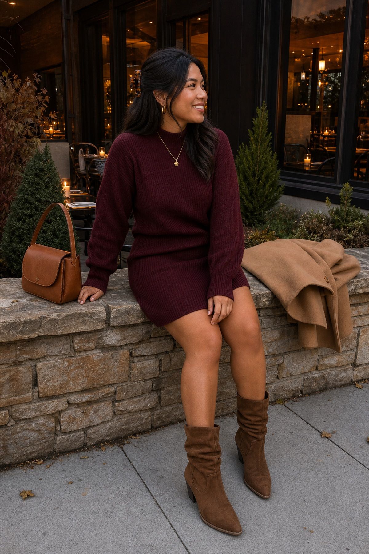 Woman wearing a burgundy sweater dress with slouchy suede boots, a fall date night outfit