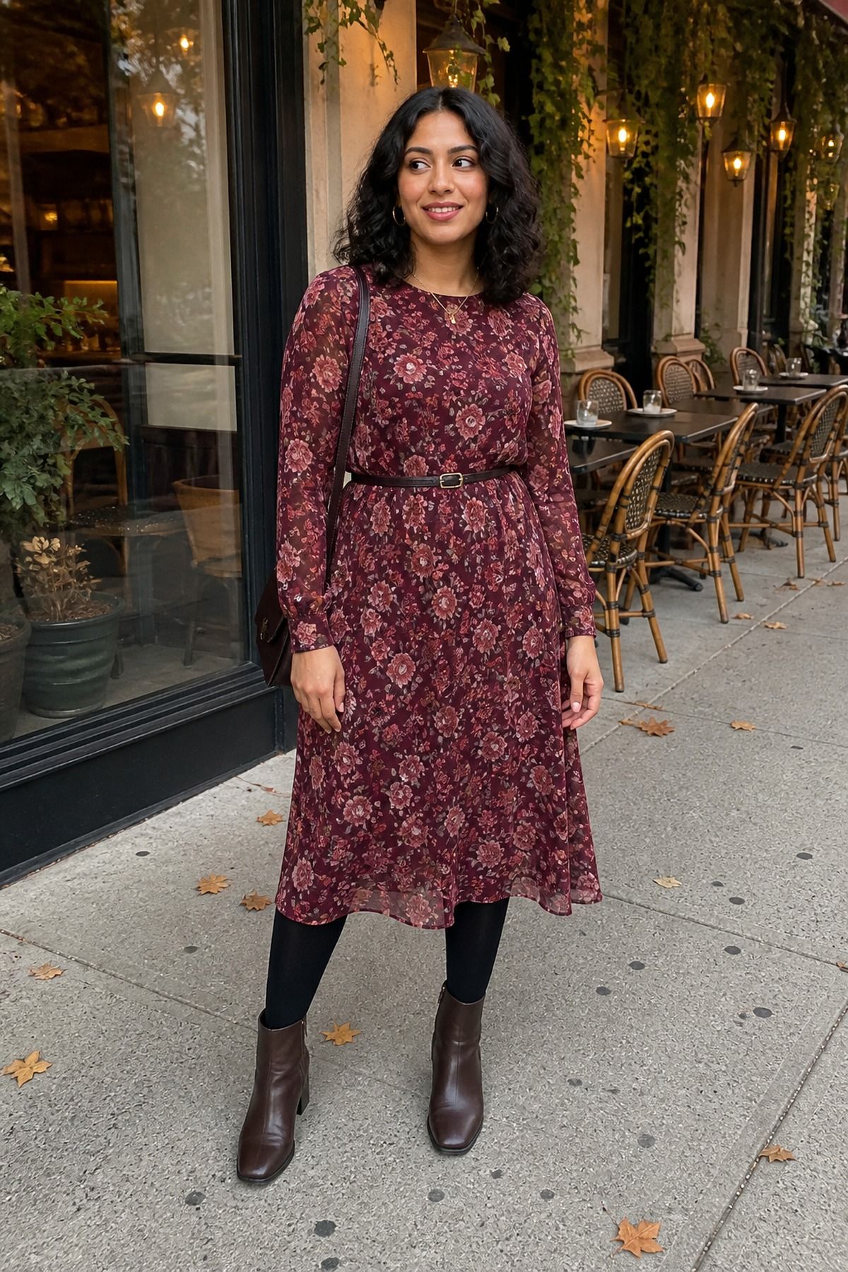 Floral Midi Dress With Opaque Tights and Ankle Boots outfit idea for 10 Best Fall Dress Outfit Ideas That Make Autumn Dressing Easy.