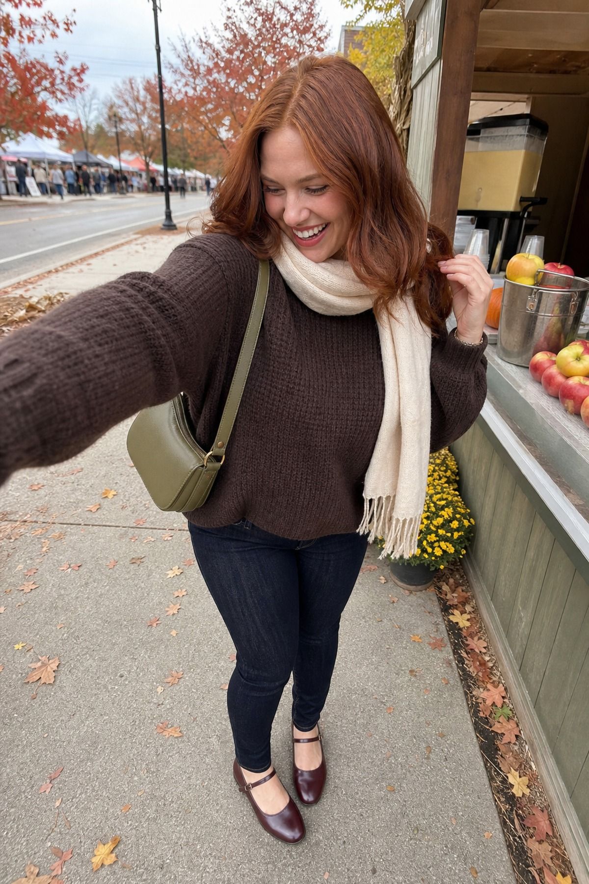 Woman wearing an oversized knit with dark skinny jeans, a fall festival outfit