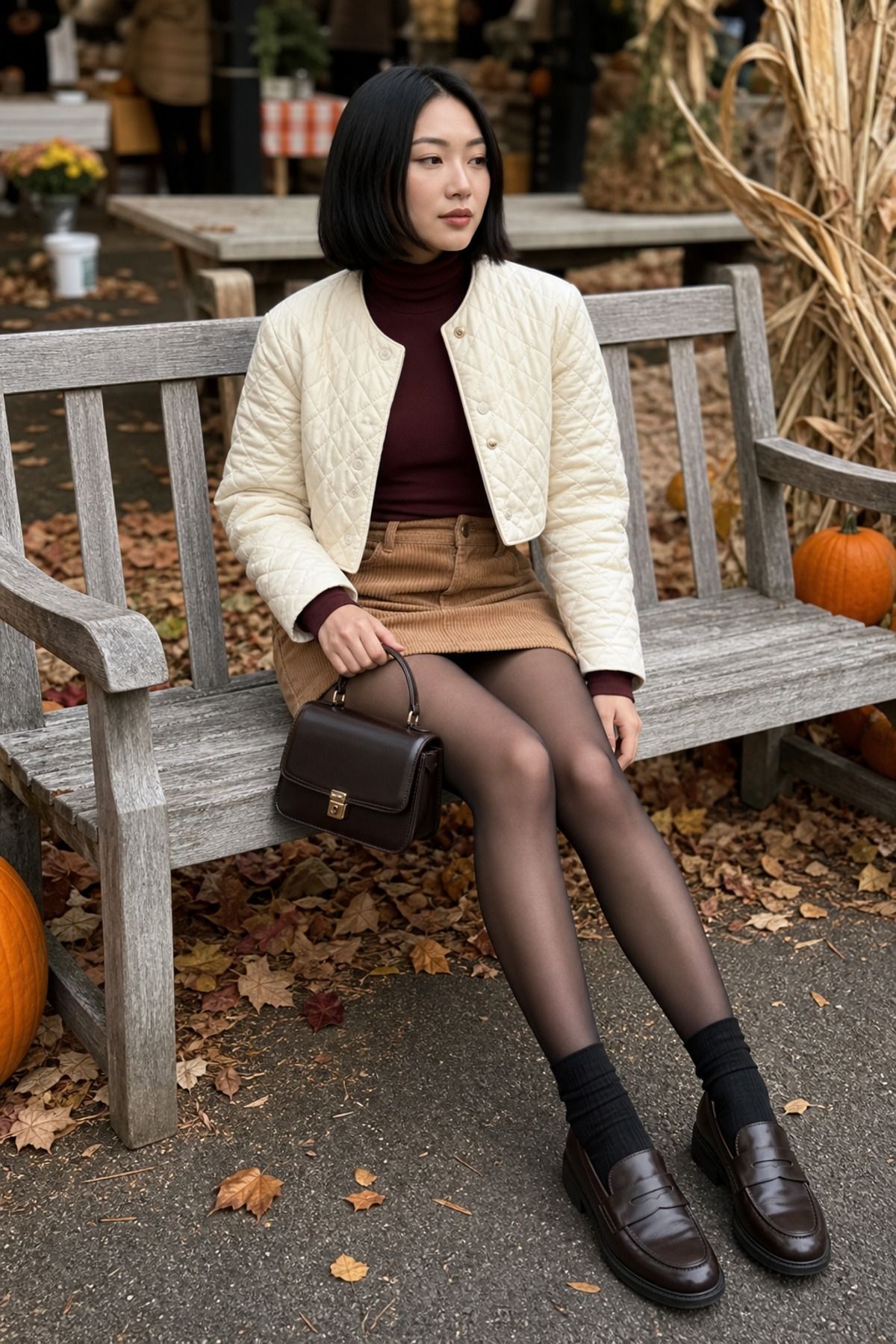 Woman wearing a corduroy mini skirt with a fitted turtleneck, a fall festival outfit