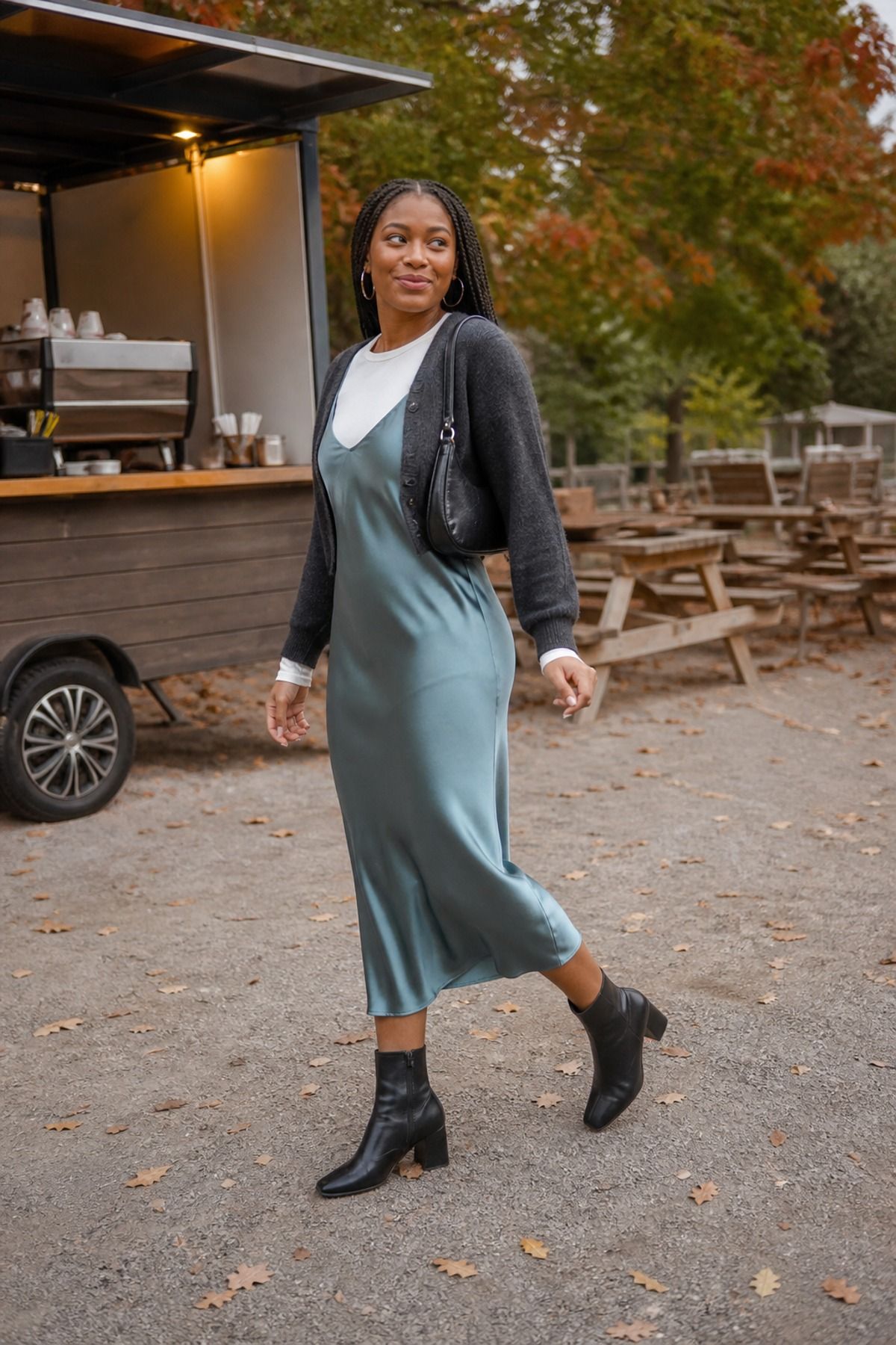 Woman wearing a slip dress over a long-sleeve tee, a fall festival outfit