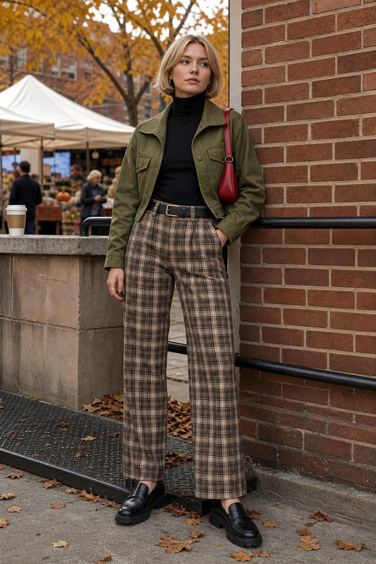 Woman wearing plaid pants with a slim turtleneck, a fall festival outfit