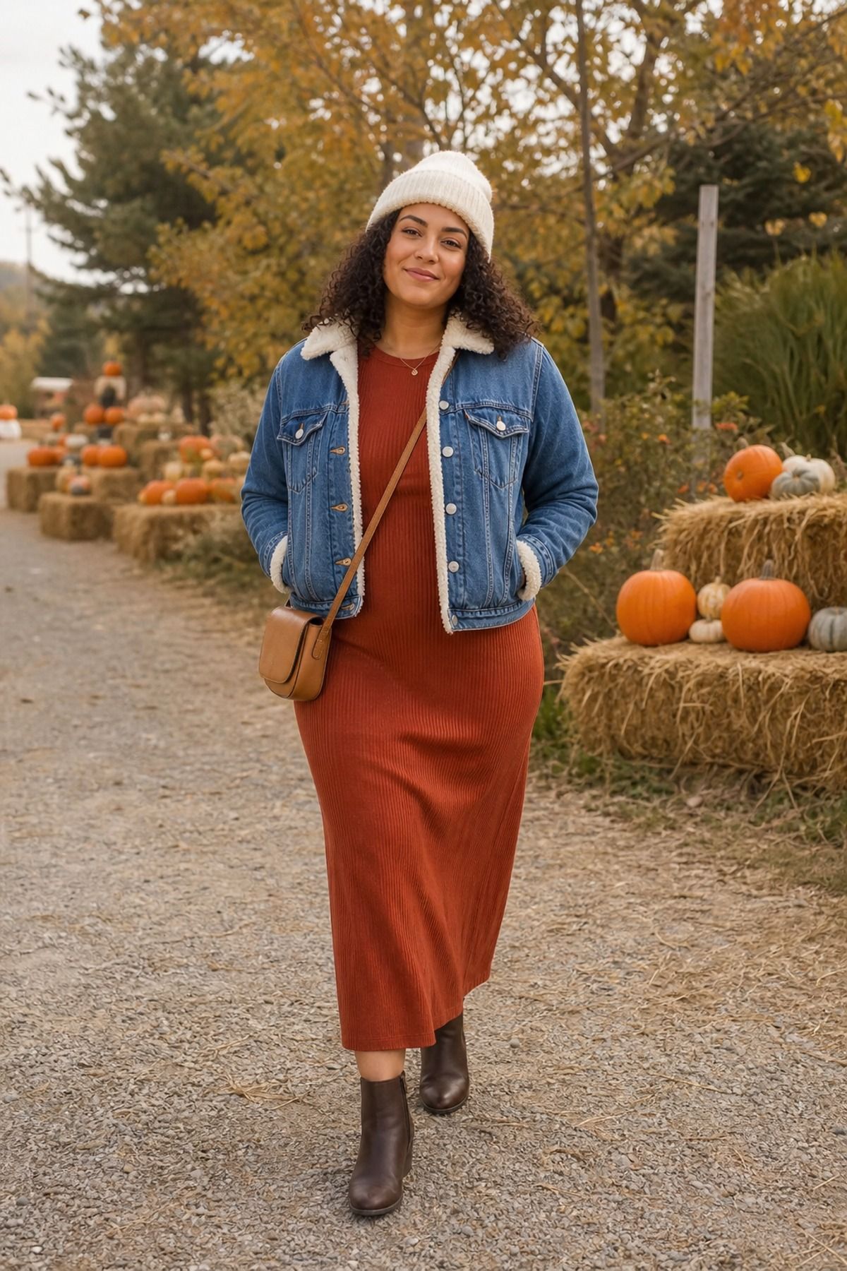 Woman wearing a maxi dress with a sherpa denim jacket, a fall festival outfit