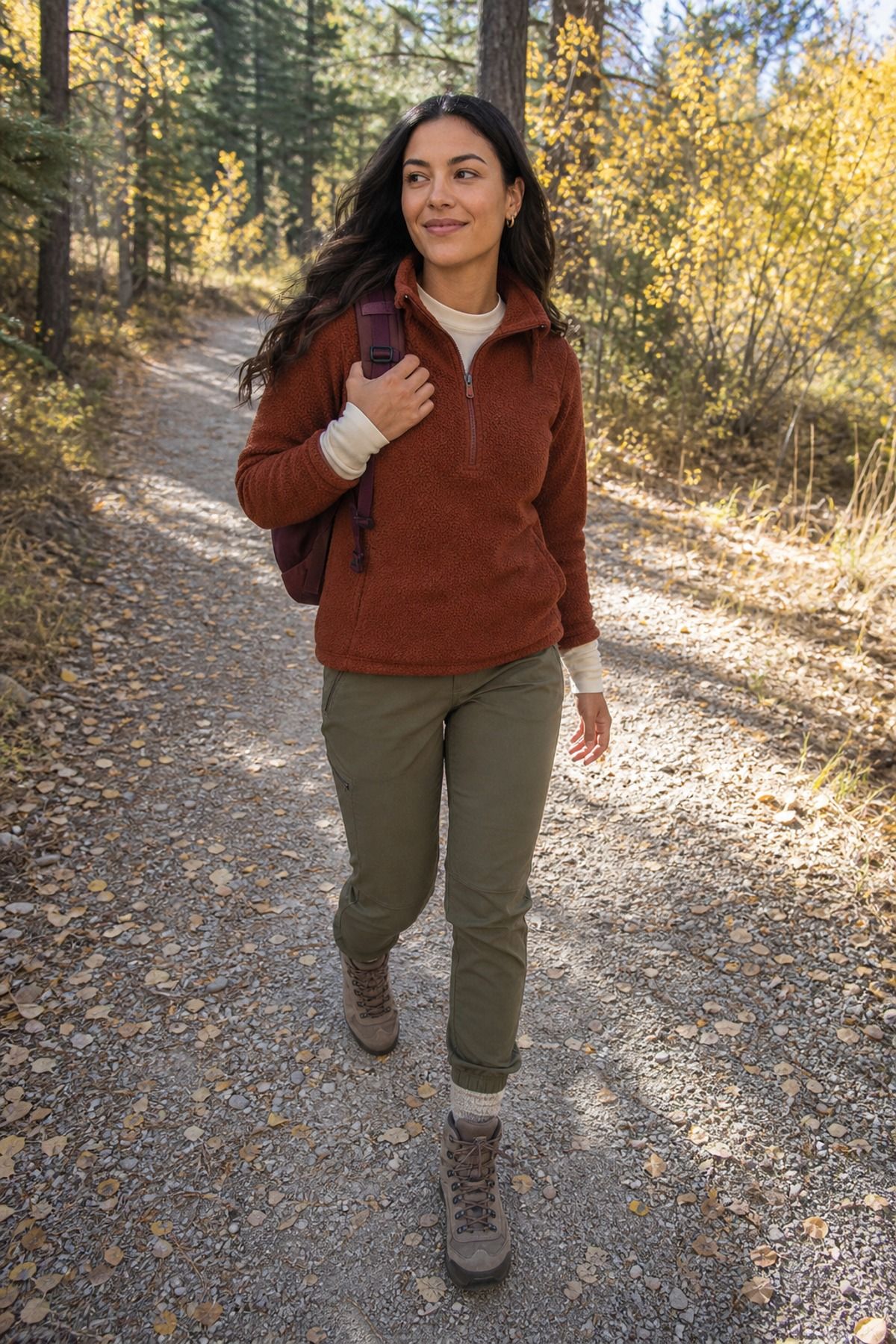 Woman wearing a merino base layer with fleece pullover and hiking pants, a fall hiking outfit