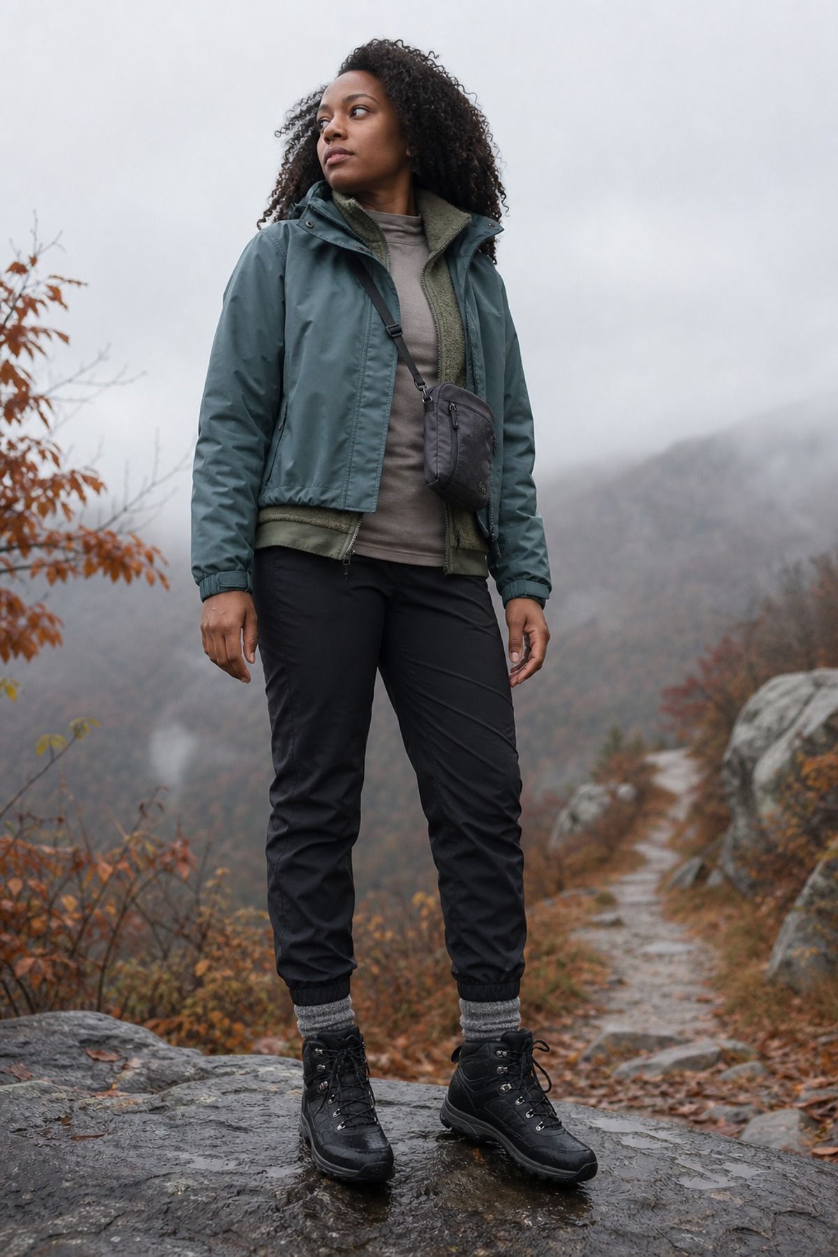 Woman wearing a three-layer system with waterproof shell, a fall hiking outfit