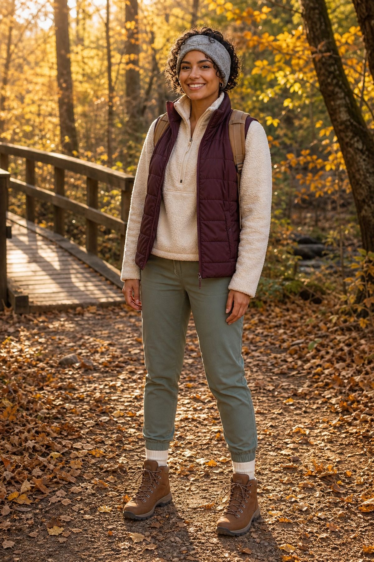 Woman wearing insulated vest over fleece for variable conditions, a fall hiking outfit