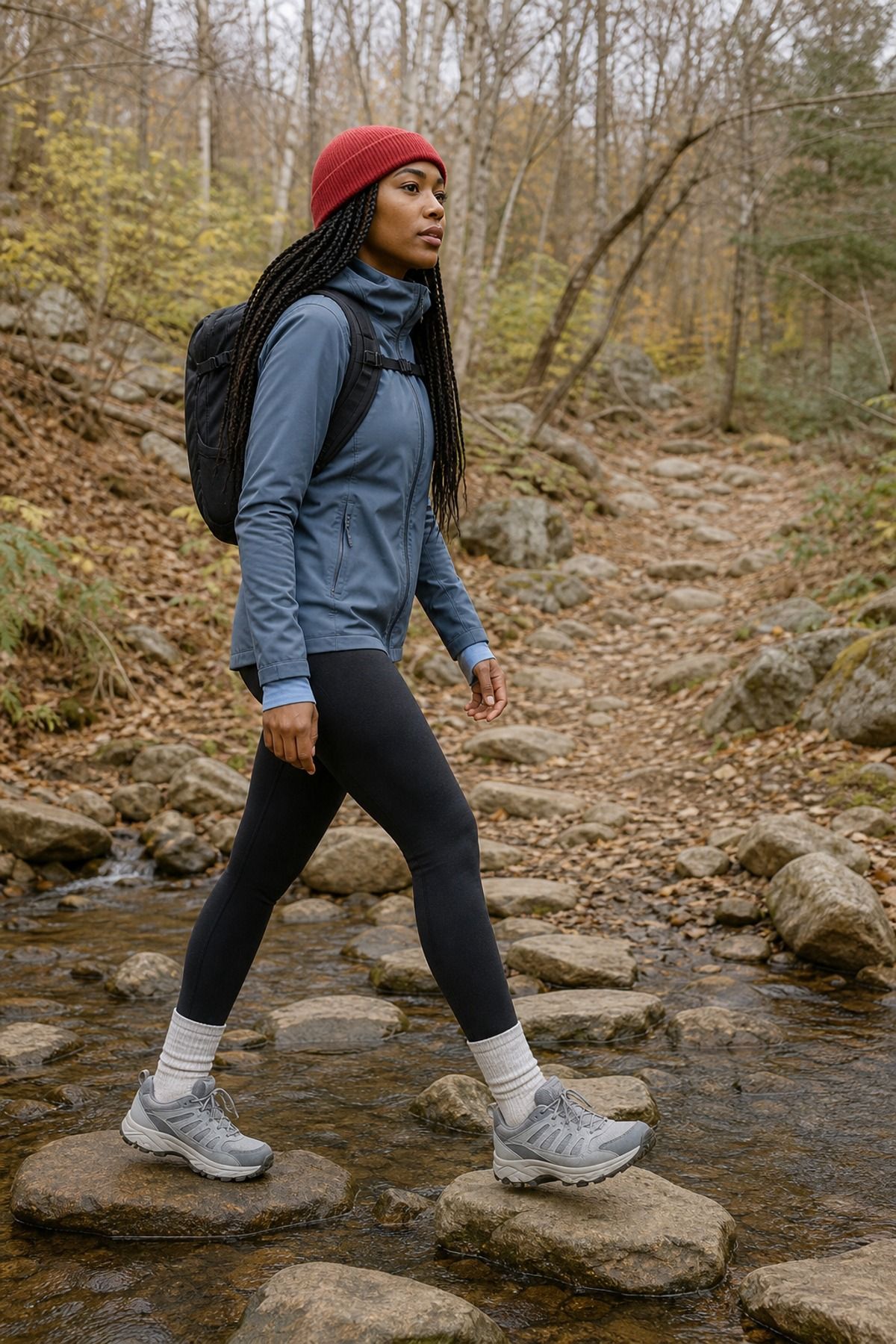Woman wearing a softshell jacket with hiking tights, a fall hiking outfit