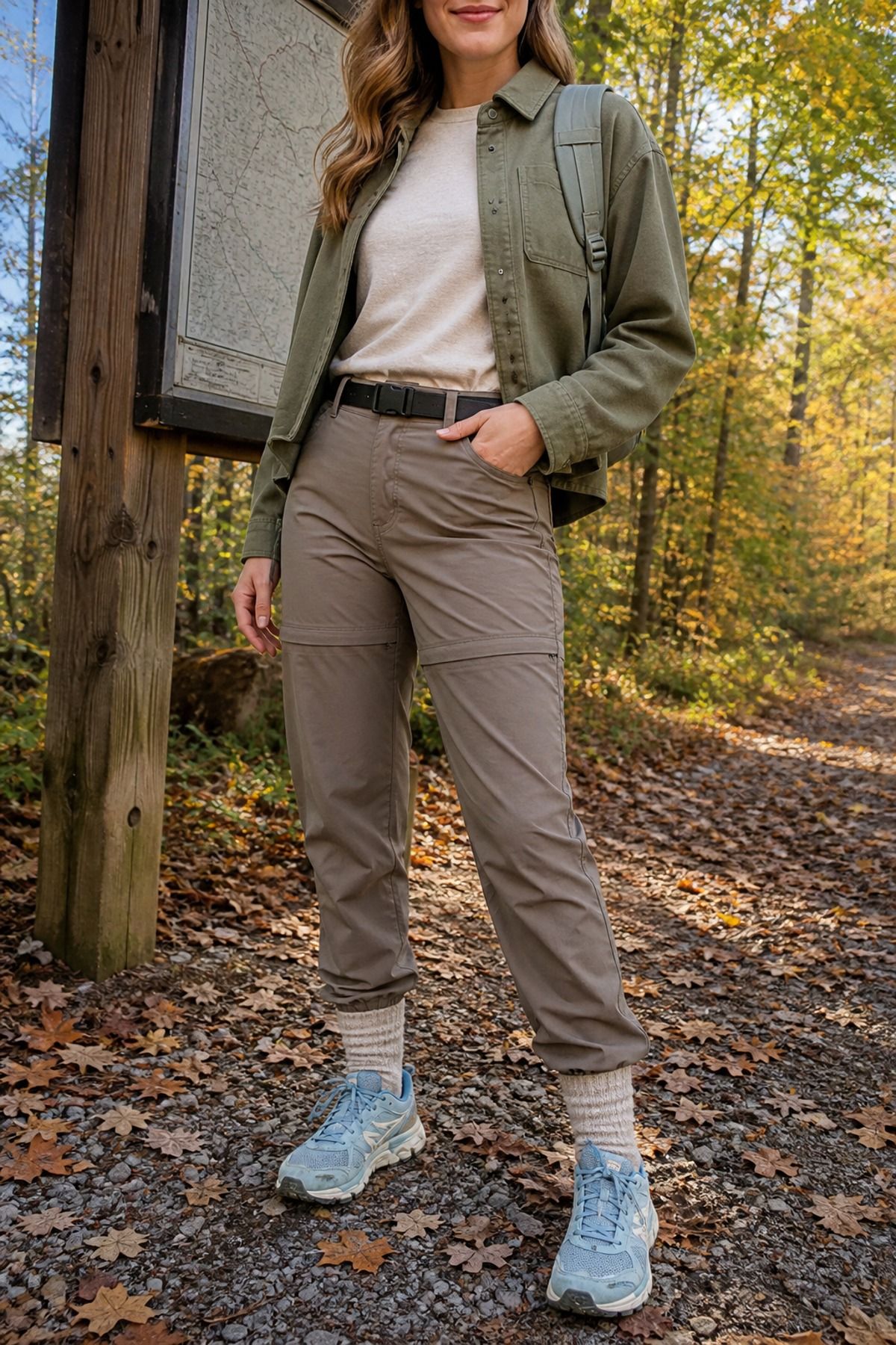 Woman wearing convertible hiking pants with wool socks and trail runners, a fall hiking outfit