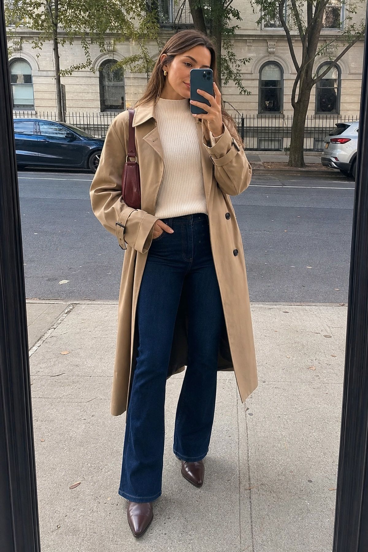 Woman wearing bootcut jeans with a cream ribbed mock turtleneck, a fall jeans outfit