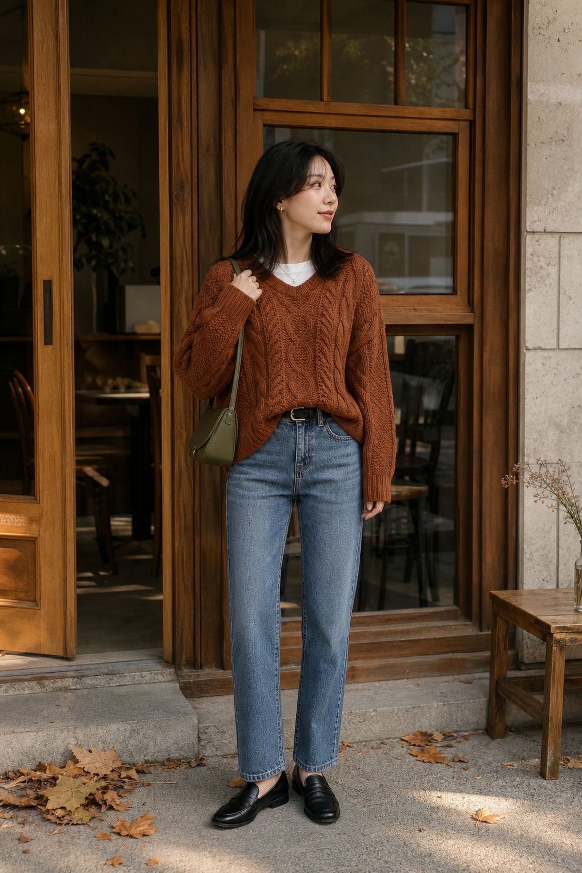 Woman wearing straight-leg jeans with an oversized cable knit, a fall jeans outfit