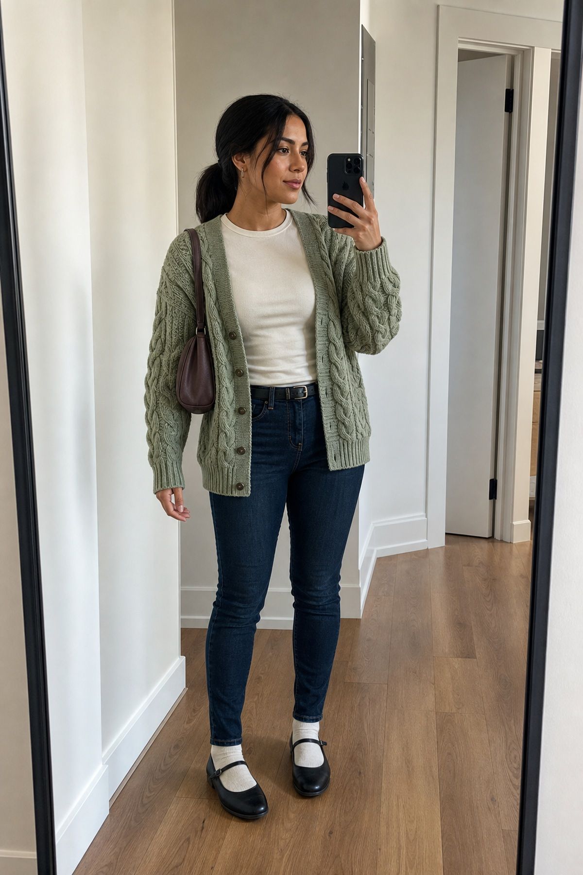Woman wearing a dark-wash skinny with a chunky cable cardigan, a fall jeans outfit