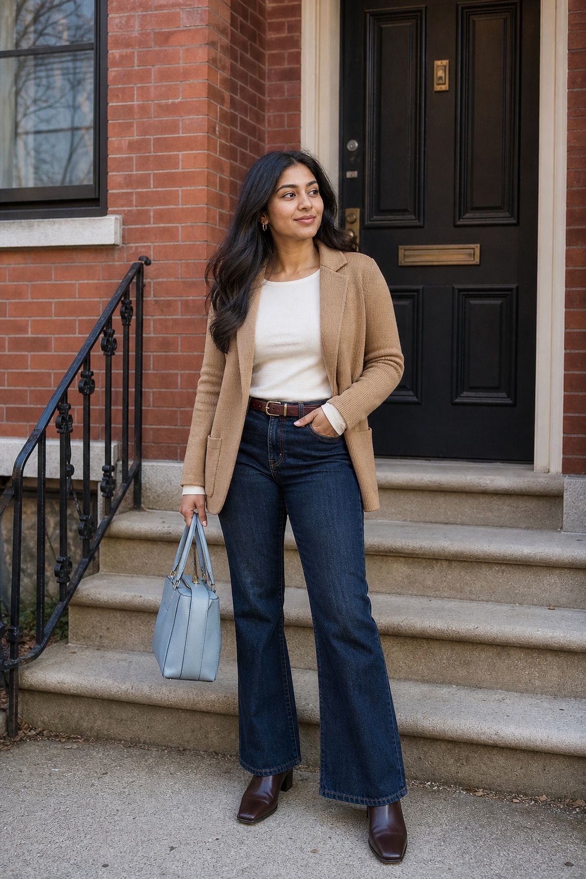 Woman wearing a bootcut with a blazer-cardigan hybrid, a fall jeans outfit