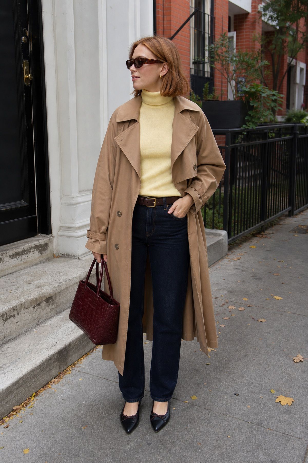 Woman wearing a straight-leg with a cashmere turtleneck and trench, a fall jeans outfit