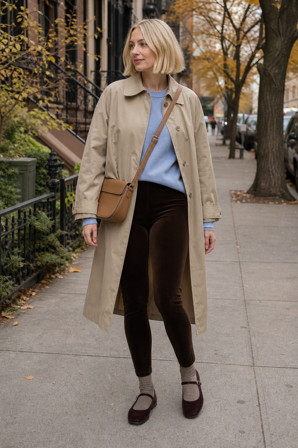Woman wearing velvet leggings with a beige trench coat, a fall leggings outfit