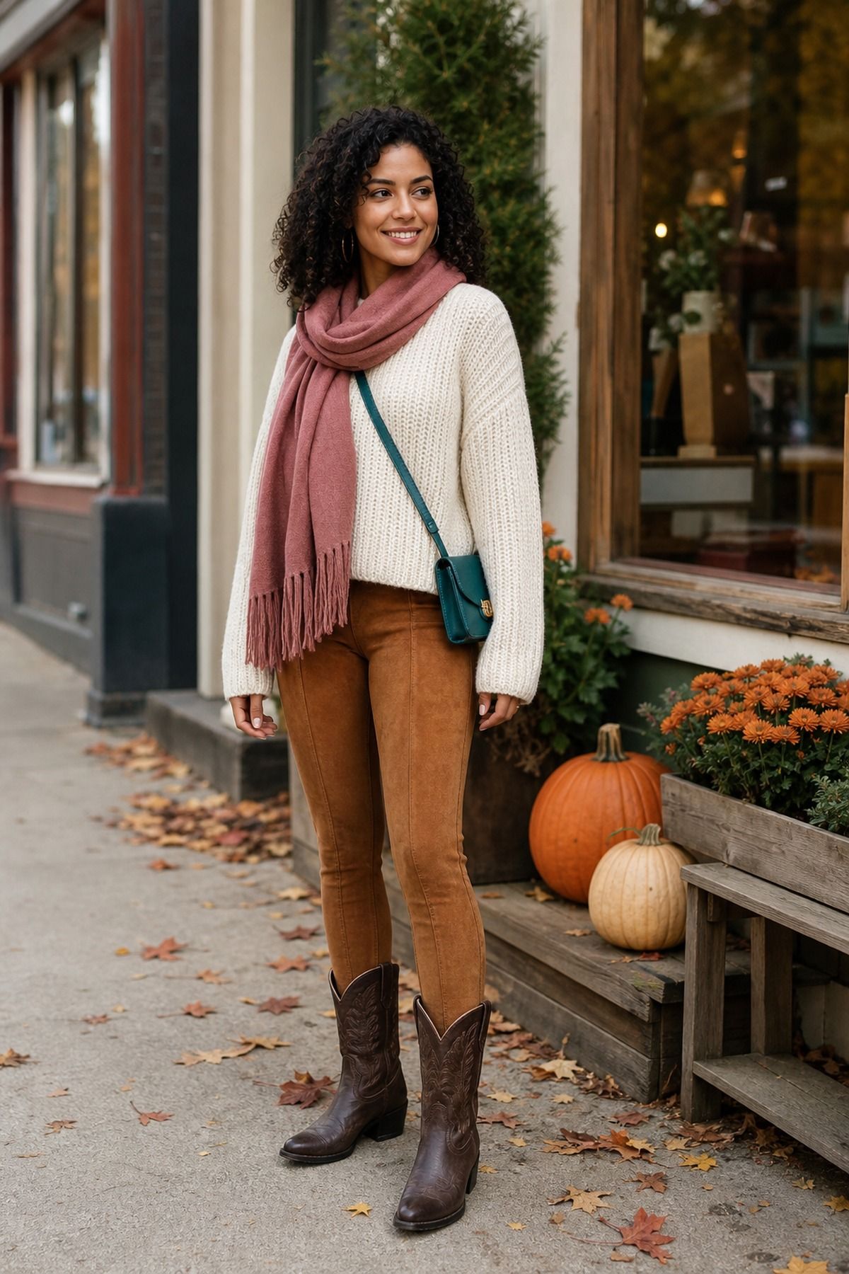 Woman wearing suede leggings with a chunky knit and cowboy boot, a fall leggings outfit