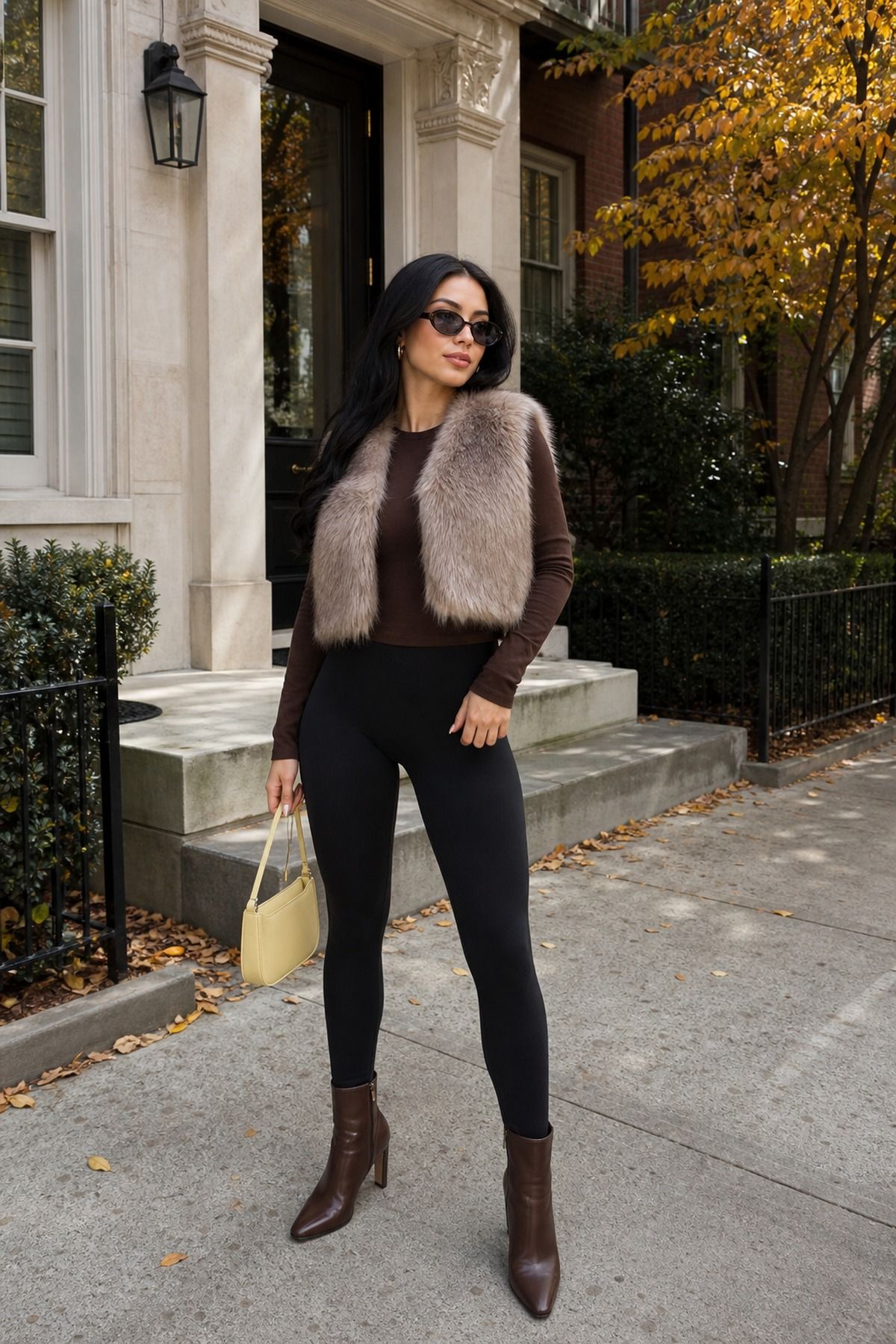 Woman wearing leggings with a faux fur vest and ankle boots, a fall leggings outfit