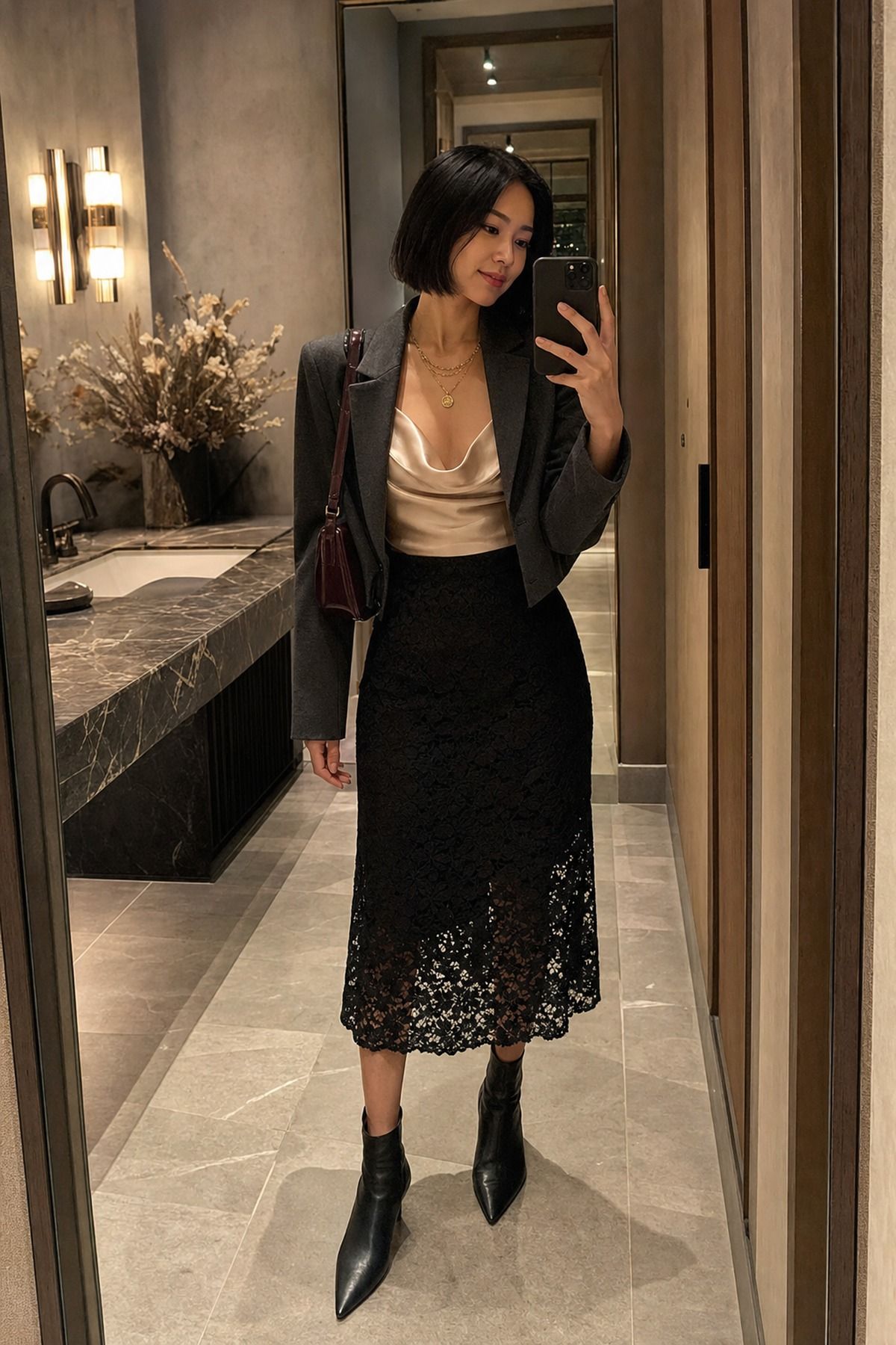 Woman wearing a satin cowl-neck top with a lace midi skirt, a fall night out outfit