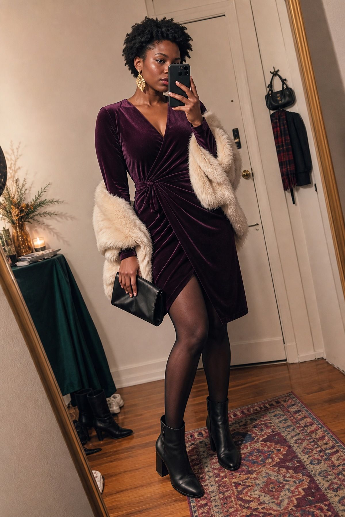 Woman wearing a velvet wrap dress in plum with block-heel ankle boots, a fall party outfit
