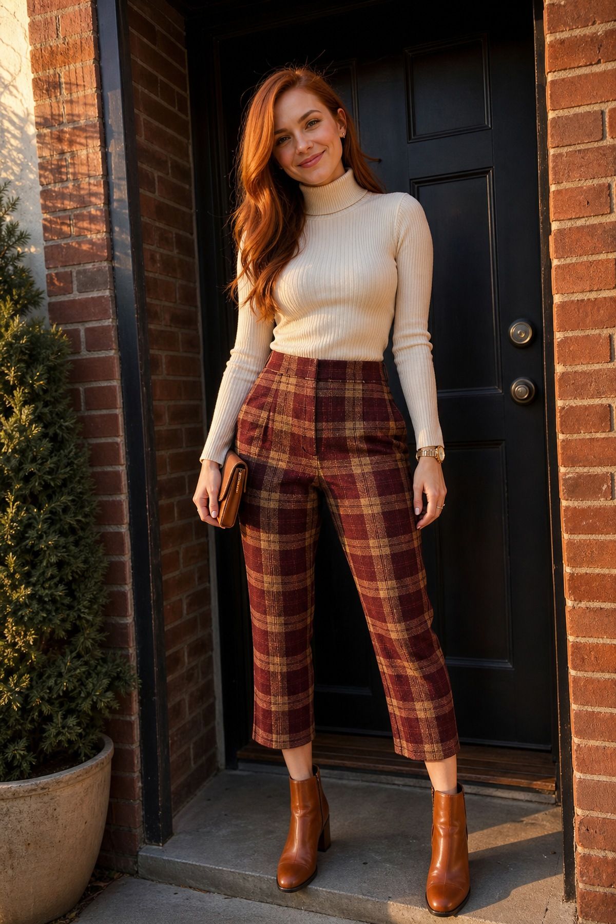 Woman wearing plaid trousers with a cream turtleneck, a fall party outfit