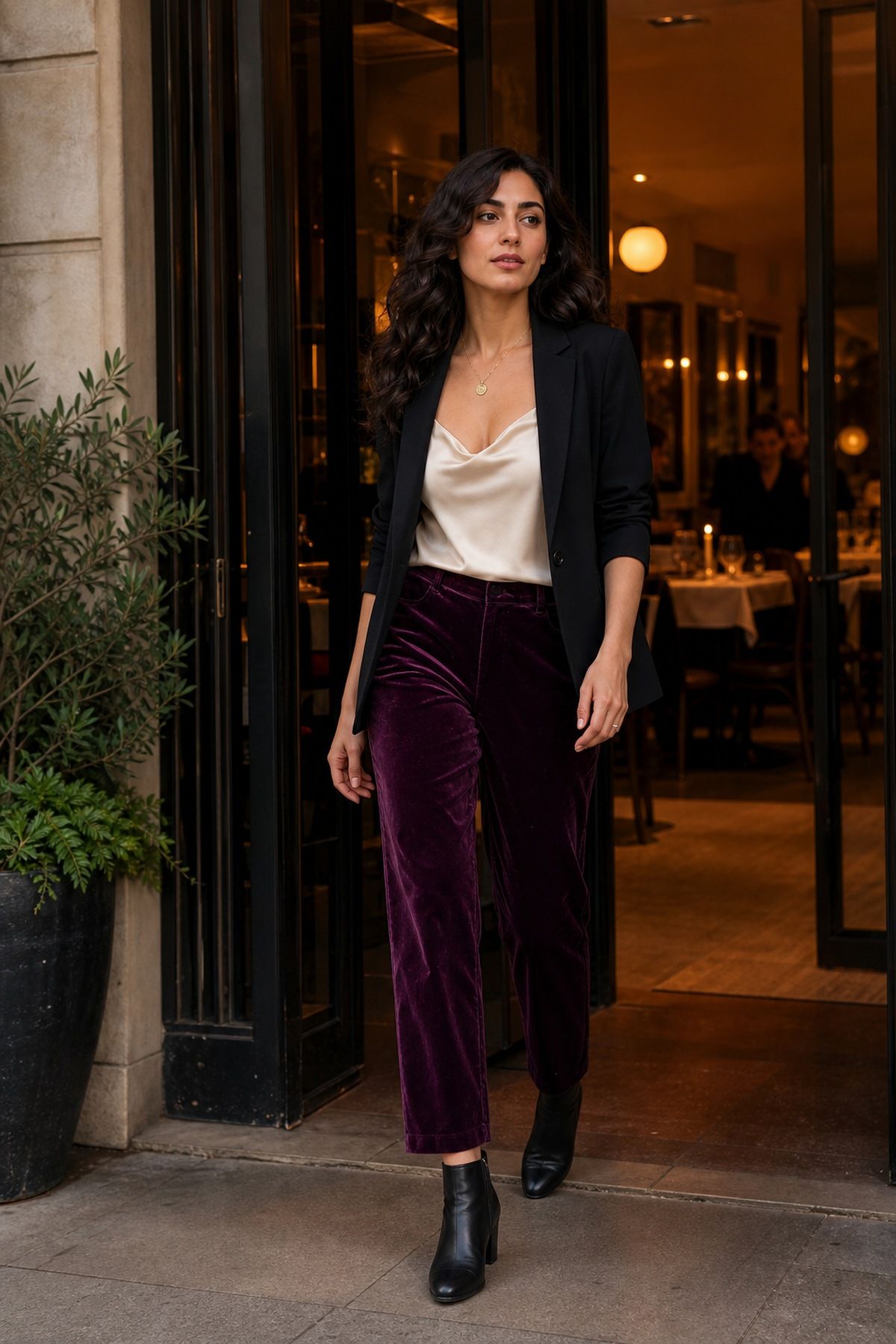 Woman wearing velvet pants with a silk camisole, a fall party outfit