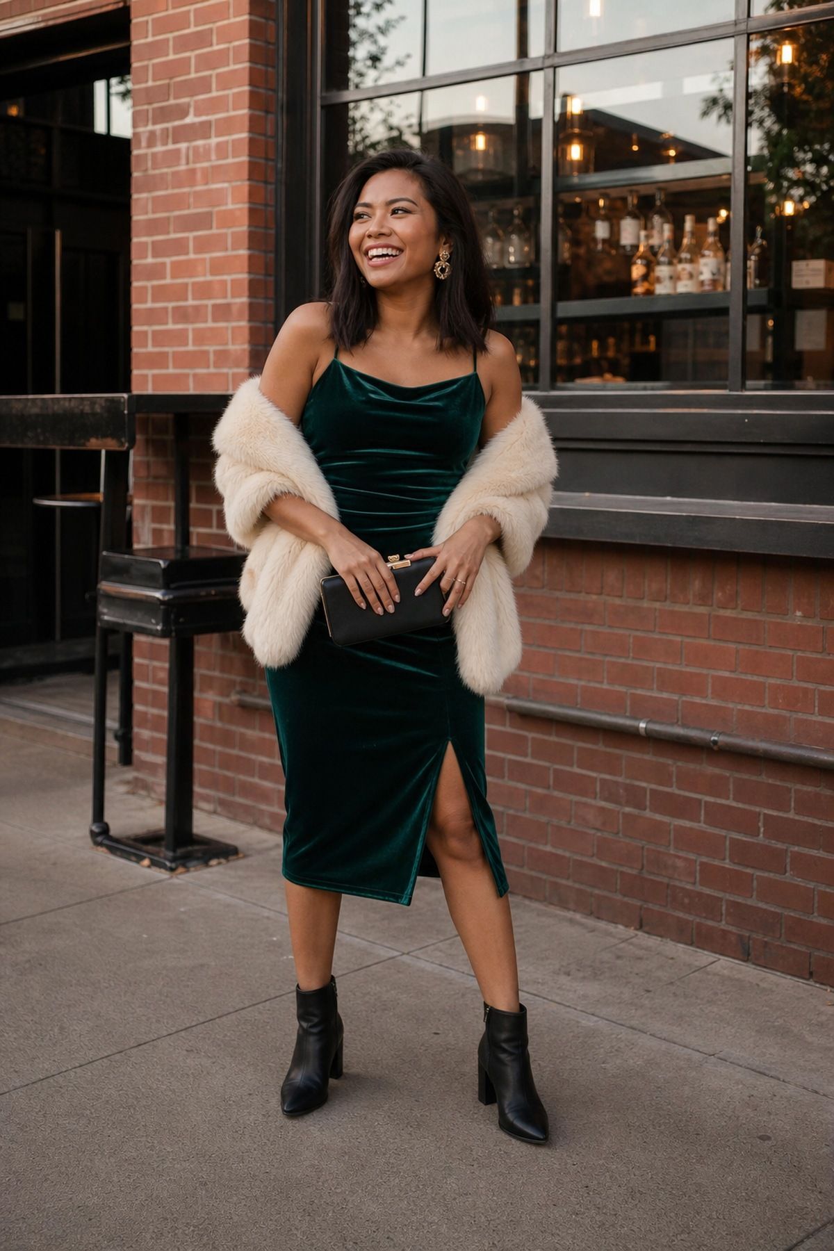 Woman wearing a velvet midi dress in emerald or burgundy, a fall party outfit