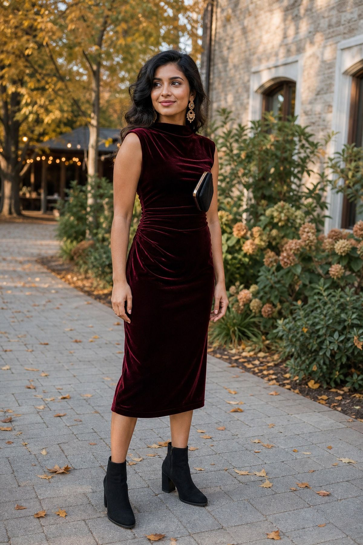 Woman wearing a velvet midi dress in burgundy with block-heel ankle boots, a fall wedding guest outfit