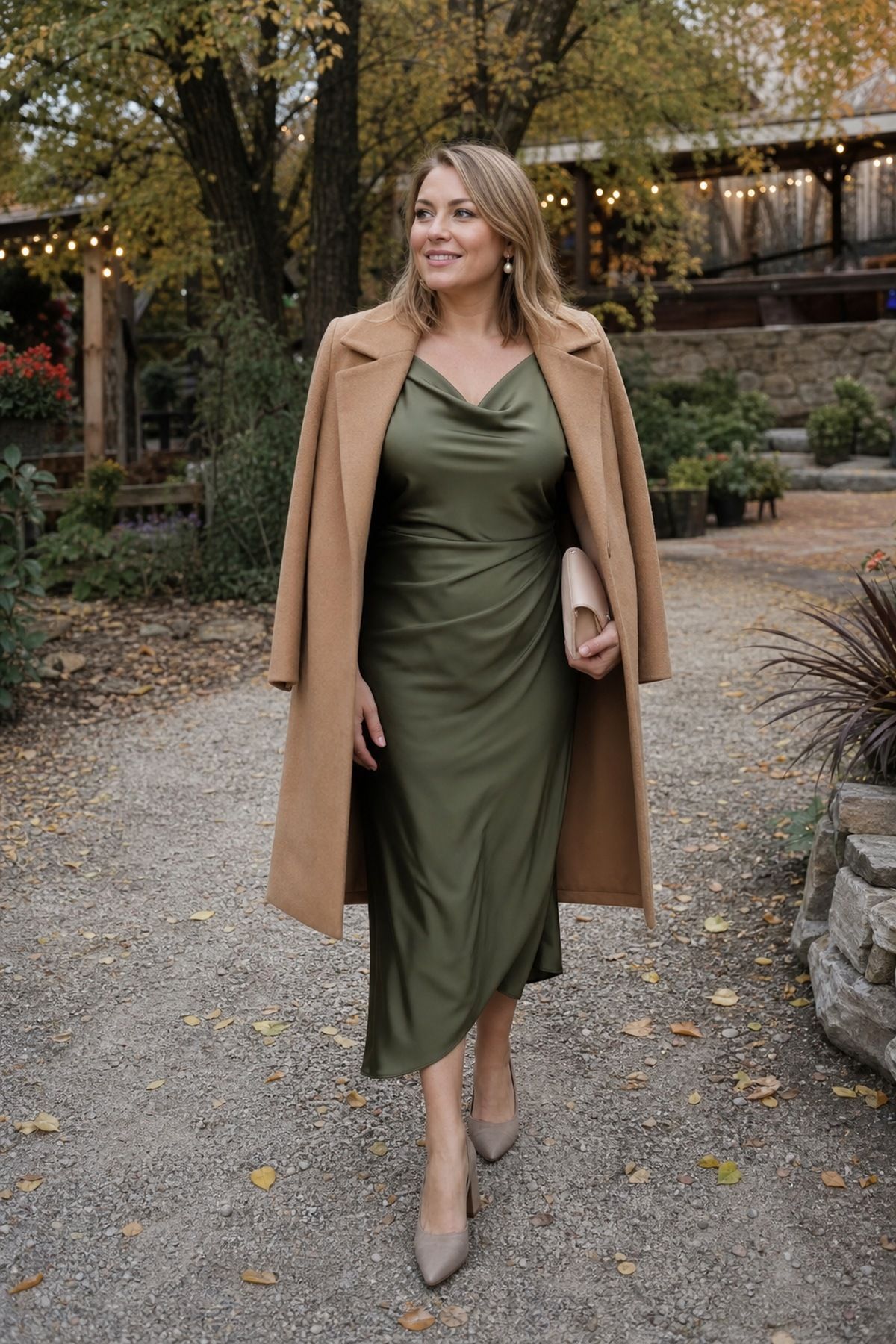 Woman wearing a midi dress in mustard or olive with a camel coat, a fall wedding guest outfit