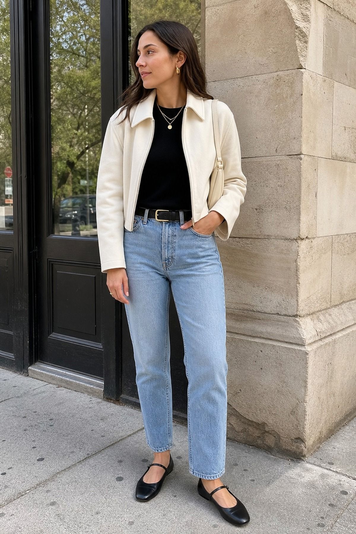 Woman wearing a choose jewelry that fits the outfit scale
